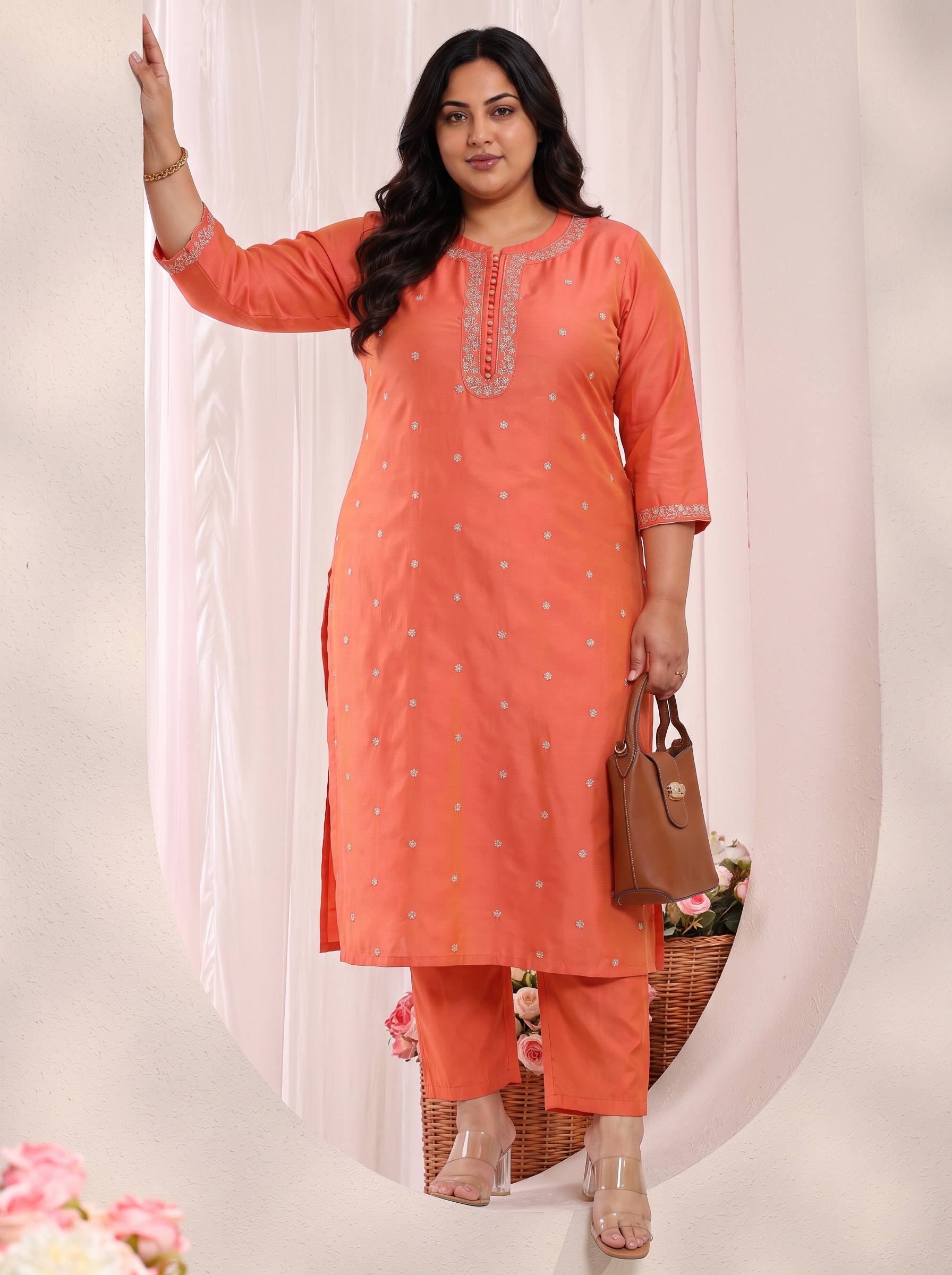 Orange Embellished Plus Size Kurta