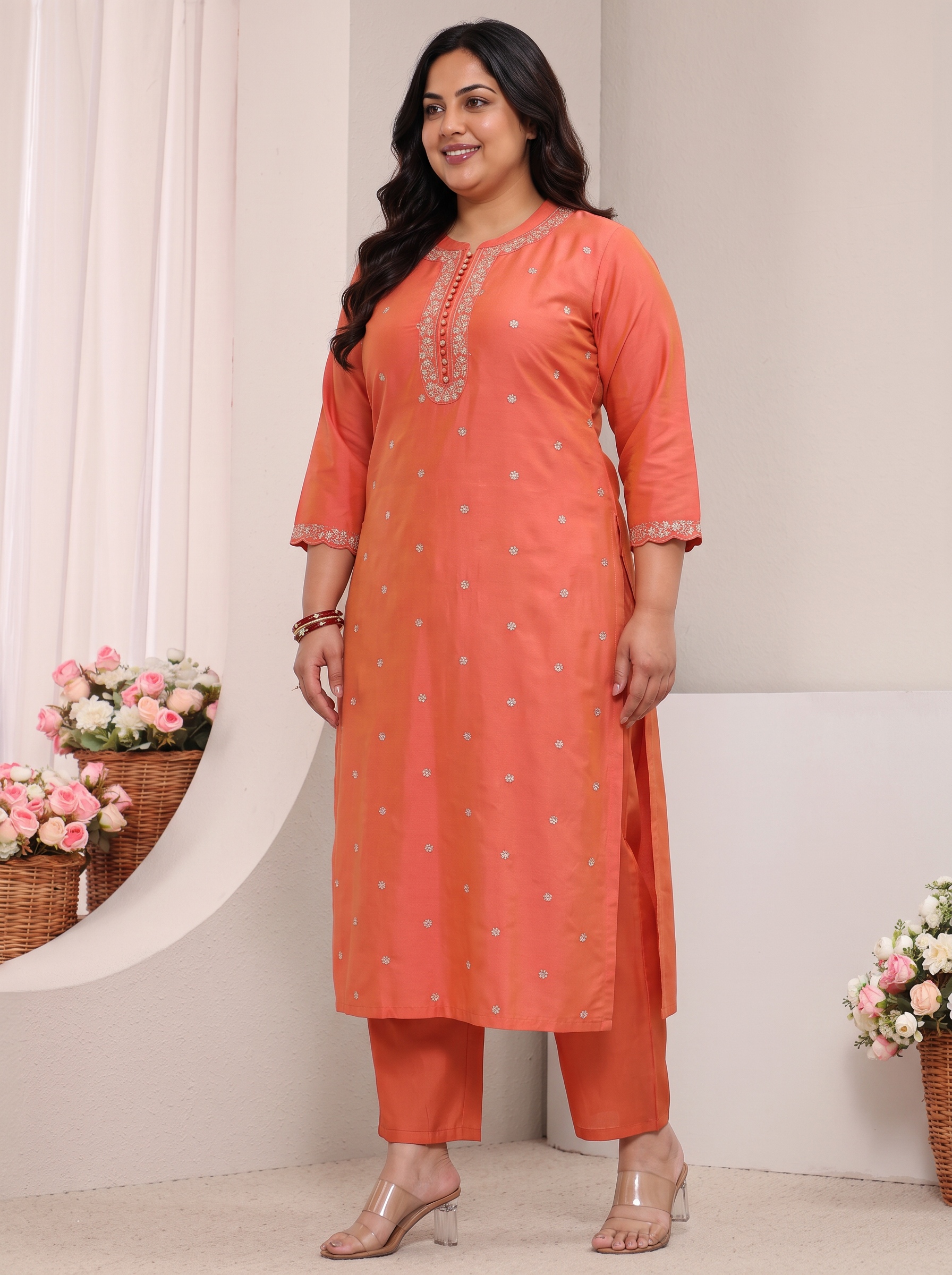 Orange Embellished Plus Size Kurta