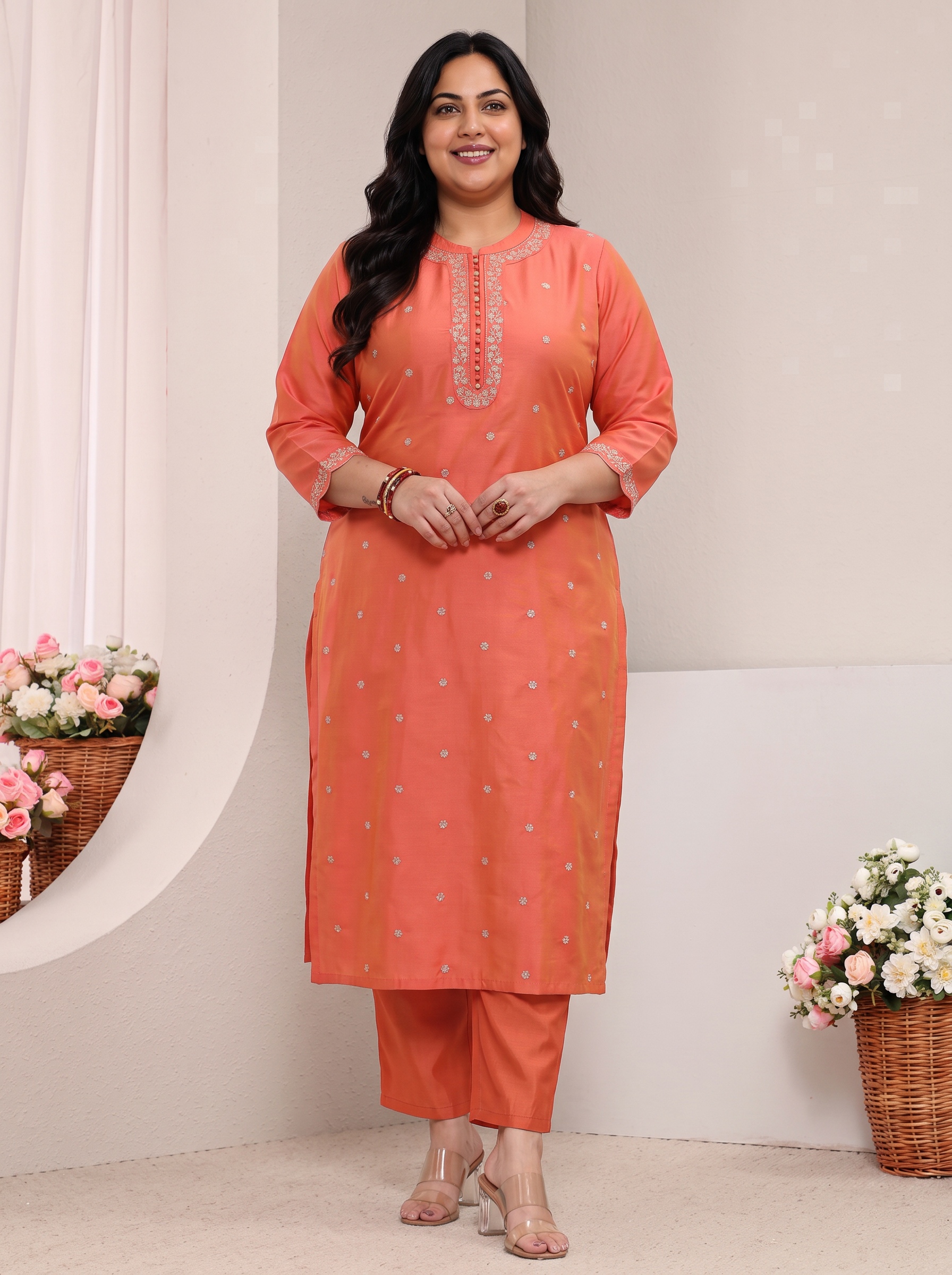 Orange Embellished Plus Size Kurta