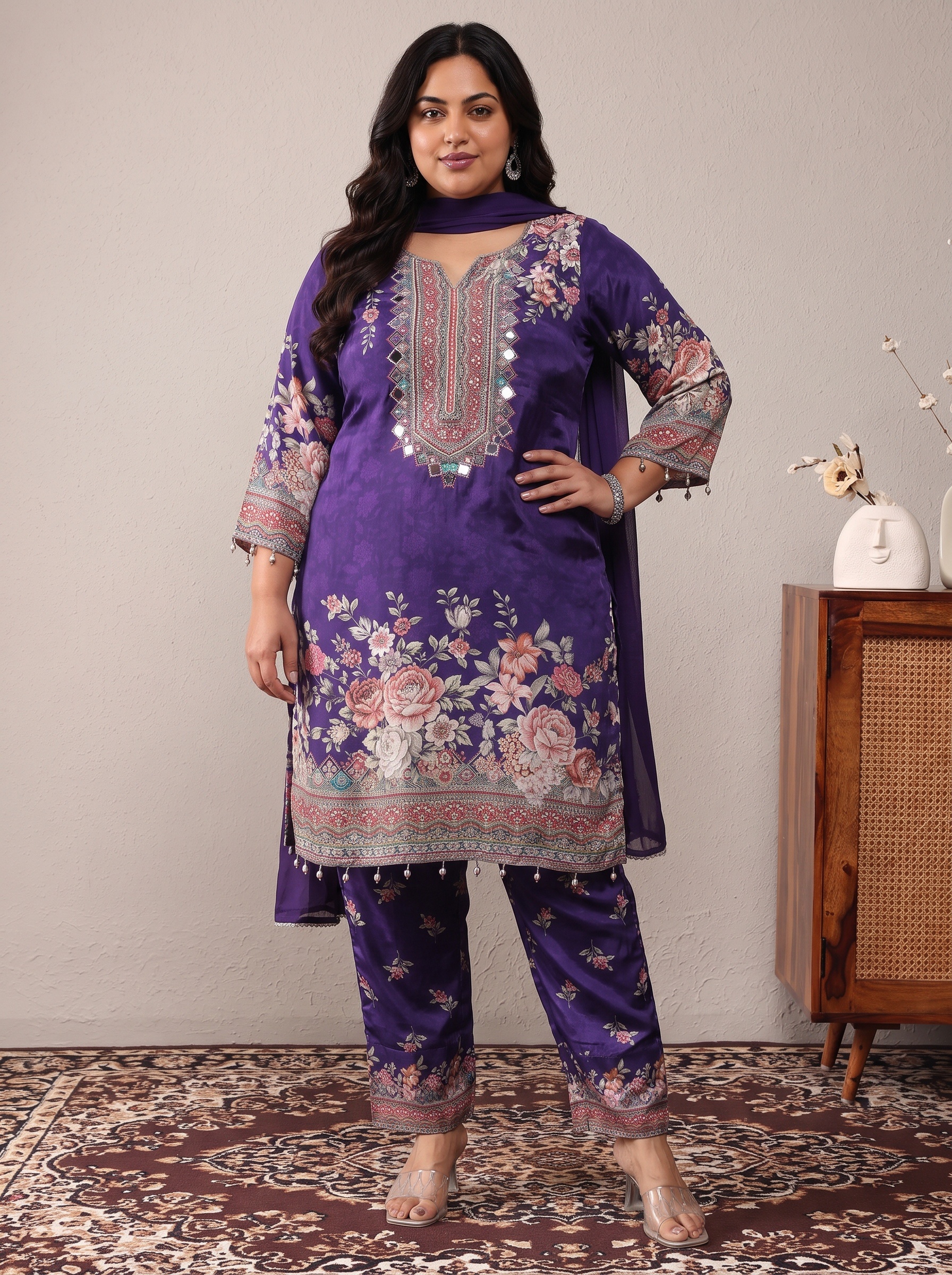 Purple Floral Print Crepe Kurta Set with Dupatta