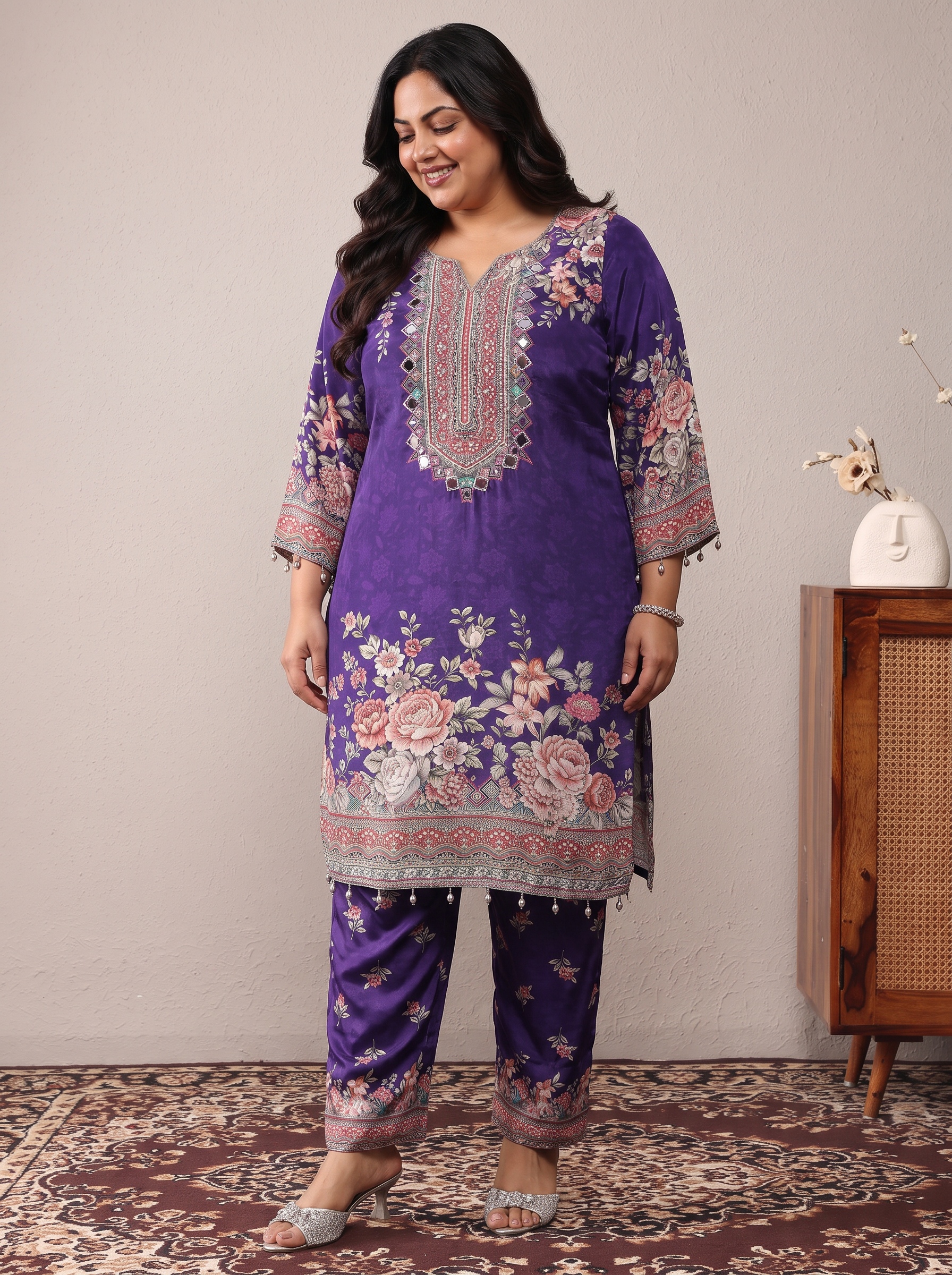 Purple Floral Print Crepe Kurta Set with Dupatta