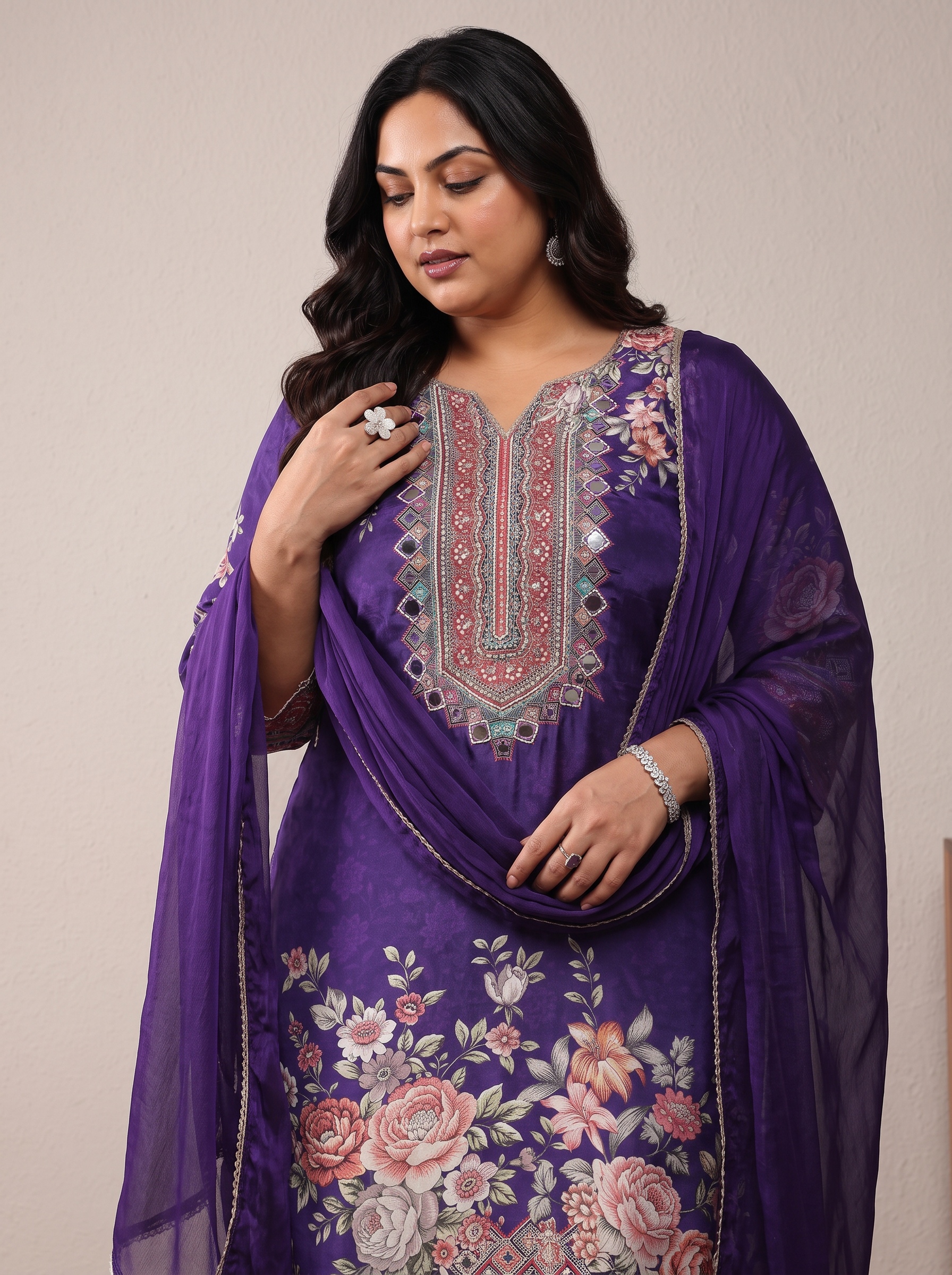 Purple Floral Print Crepe Kurta Set with Dupatta