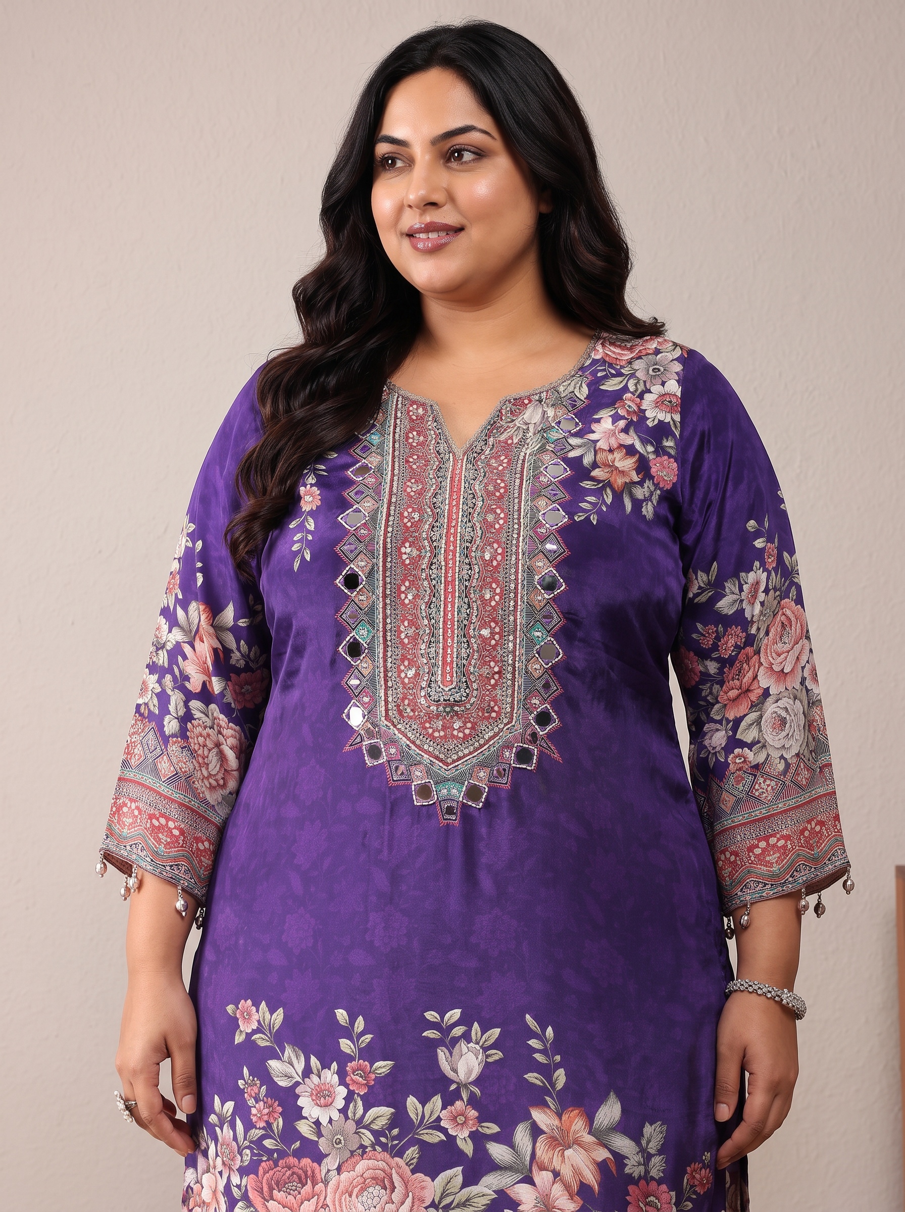 Purple Floral Print Crepe Kurta Set with Dupatta