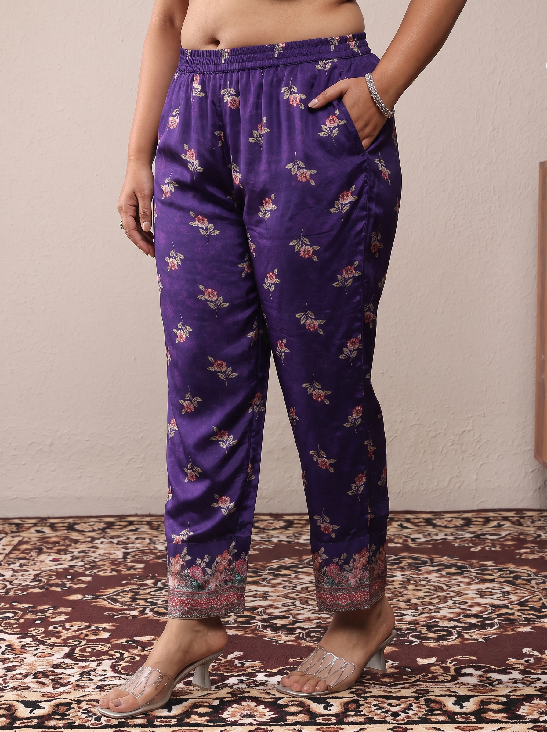 Purple Floral Print Crepe Kurta Set with Dupatta