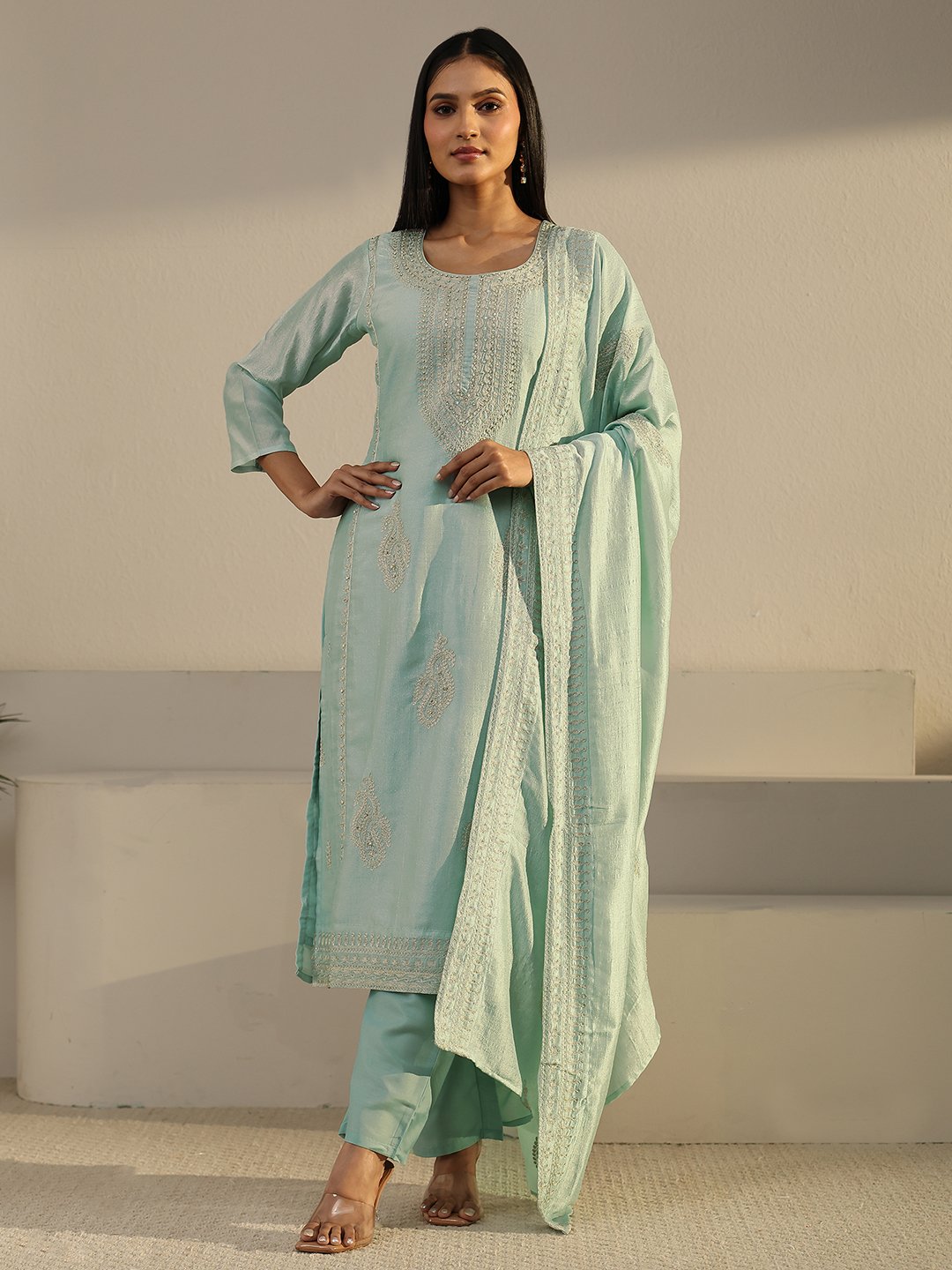 Blue Embroidered Kurta Set with Dupatta