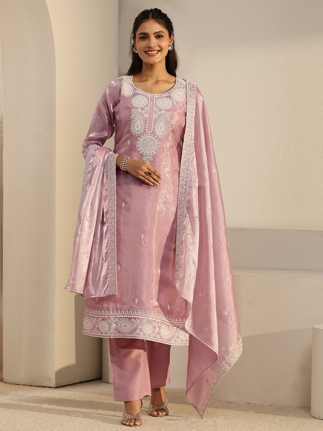 Pink Embroidered Silk Blend Kurta Set with Dupatta