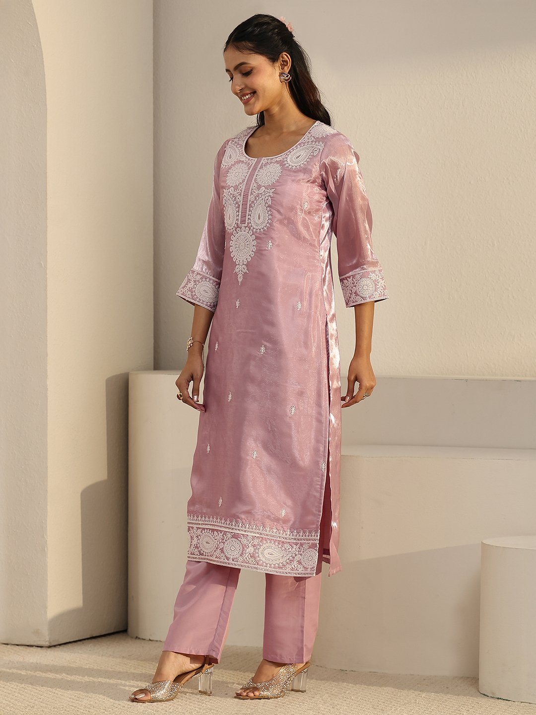 Pink Embroidered Silk Blend Kurta Set with Dupatta