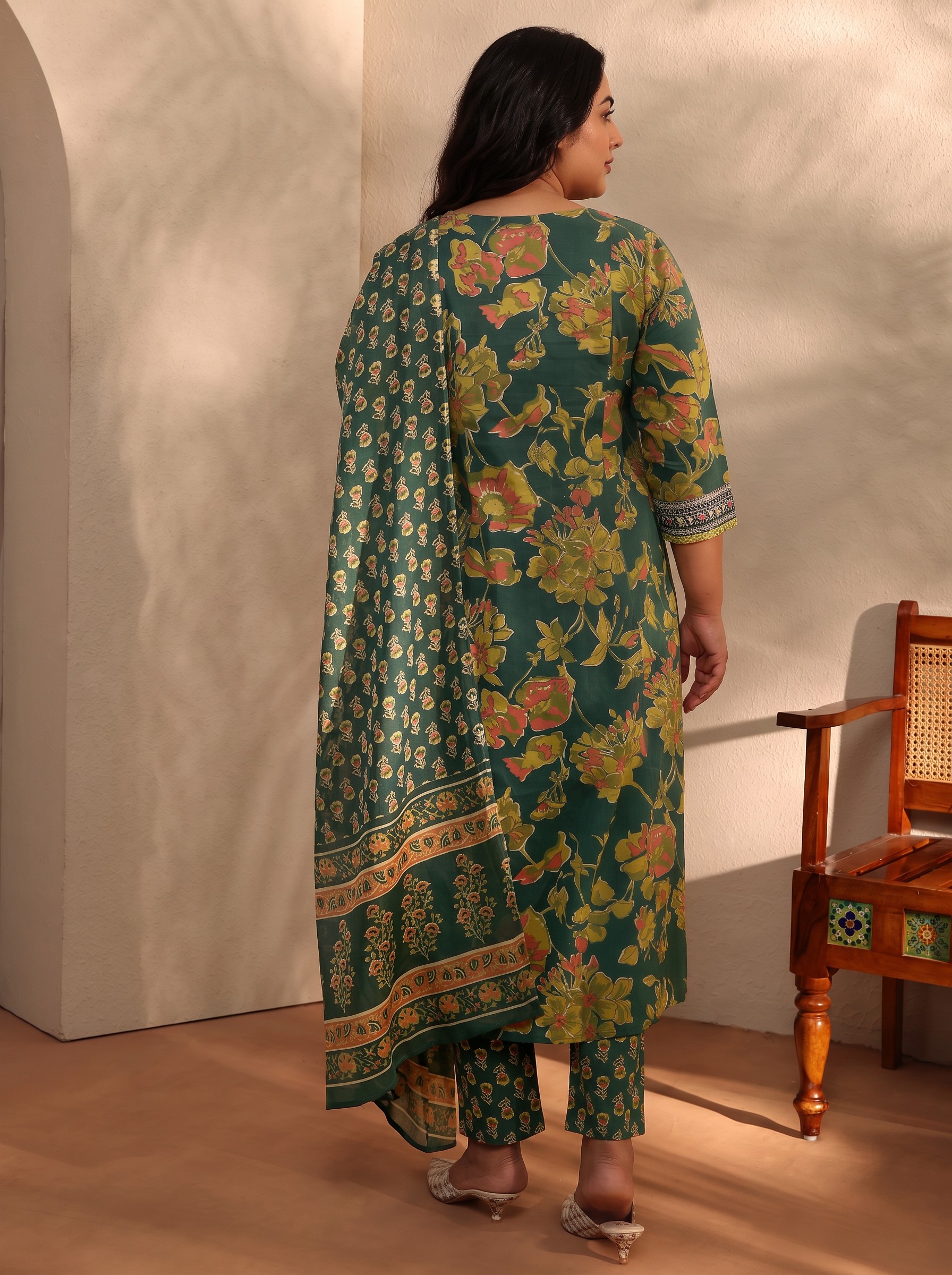 Plus Size Green Floral Angrakha Kurta Set with Dupatta