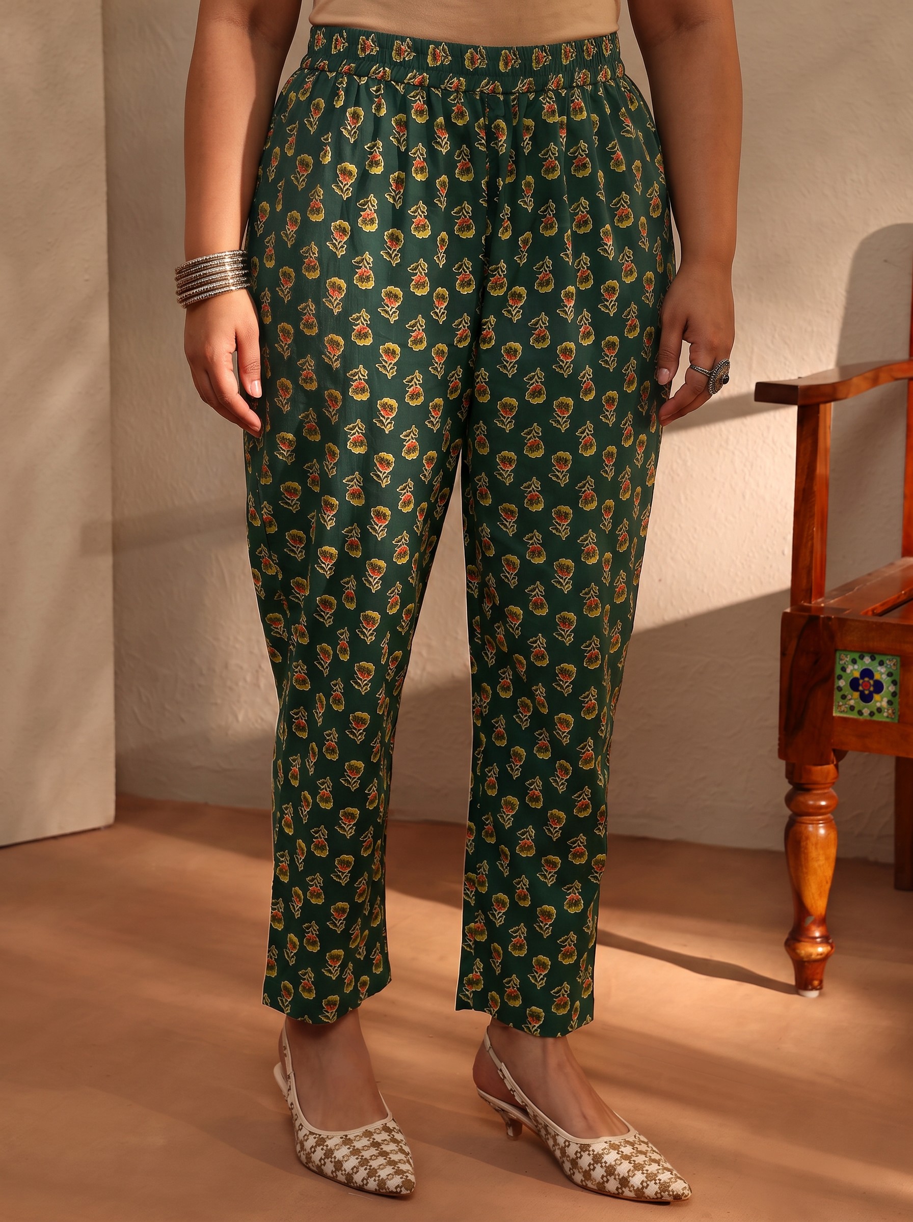 Plus Size Green Floral Angrakha Kurta Set with Dupatta