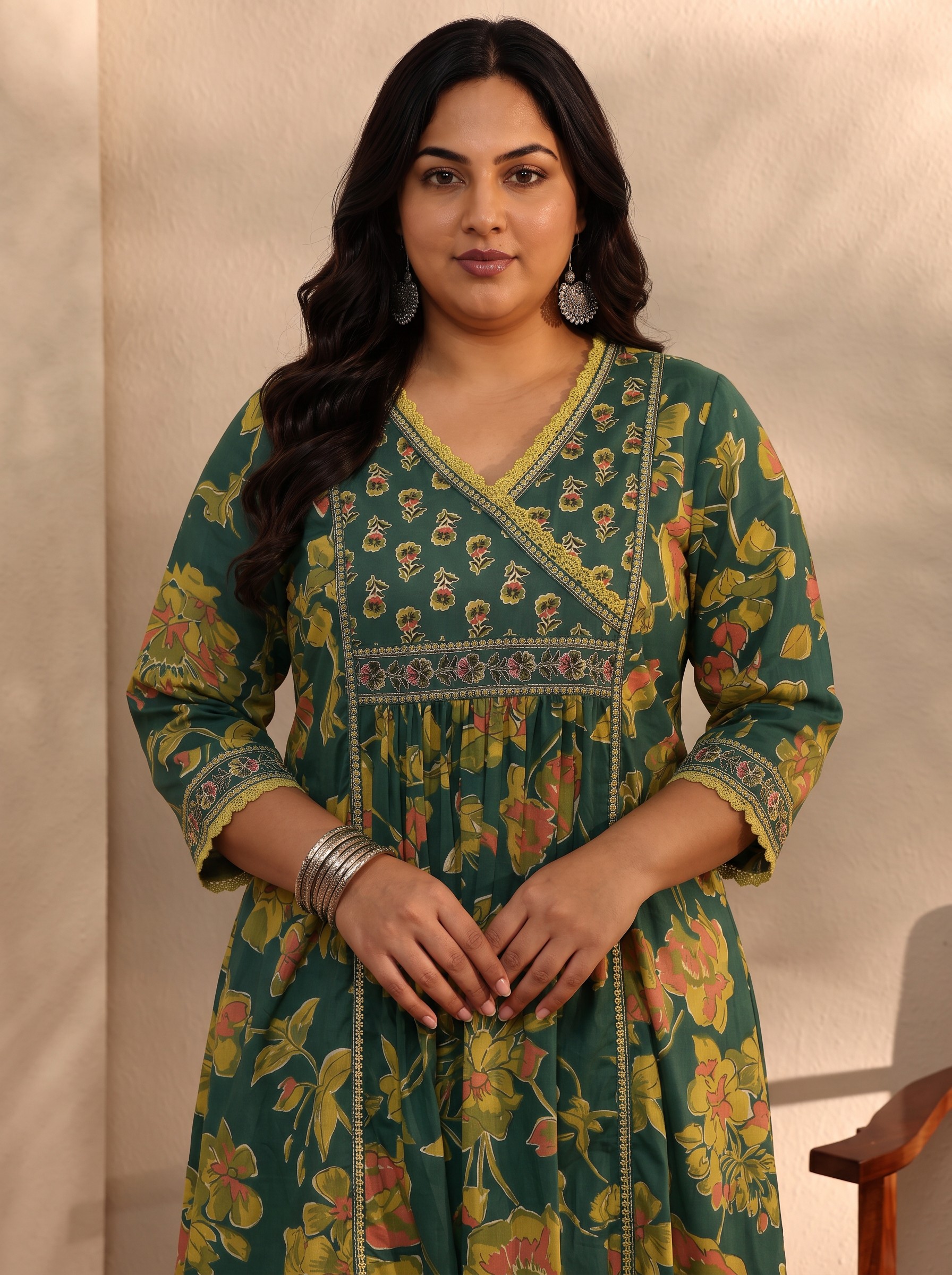 Plus Size Green Floral Angrakha Kurta Set with Dupatta