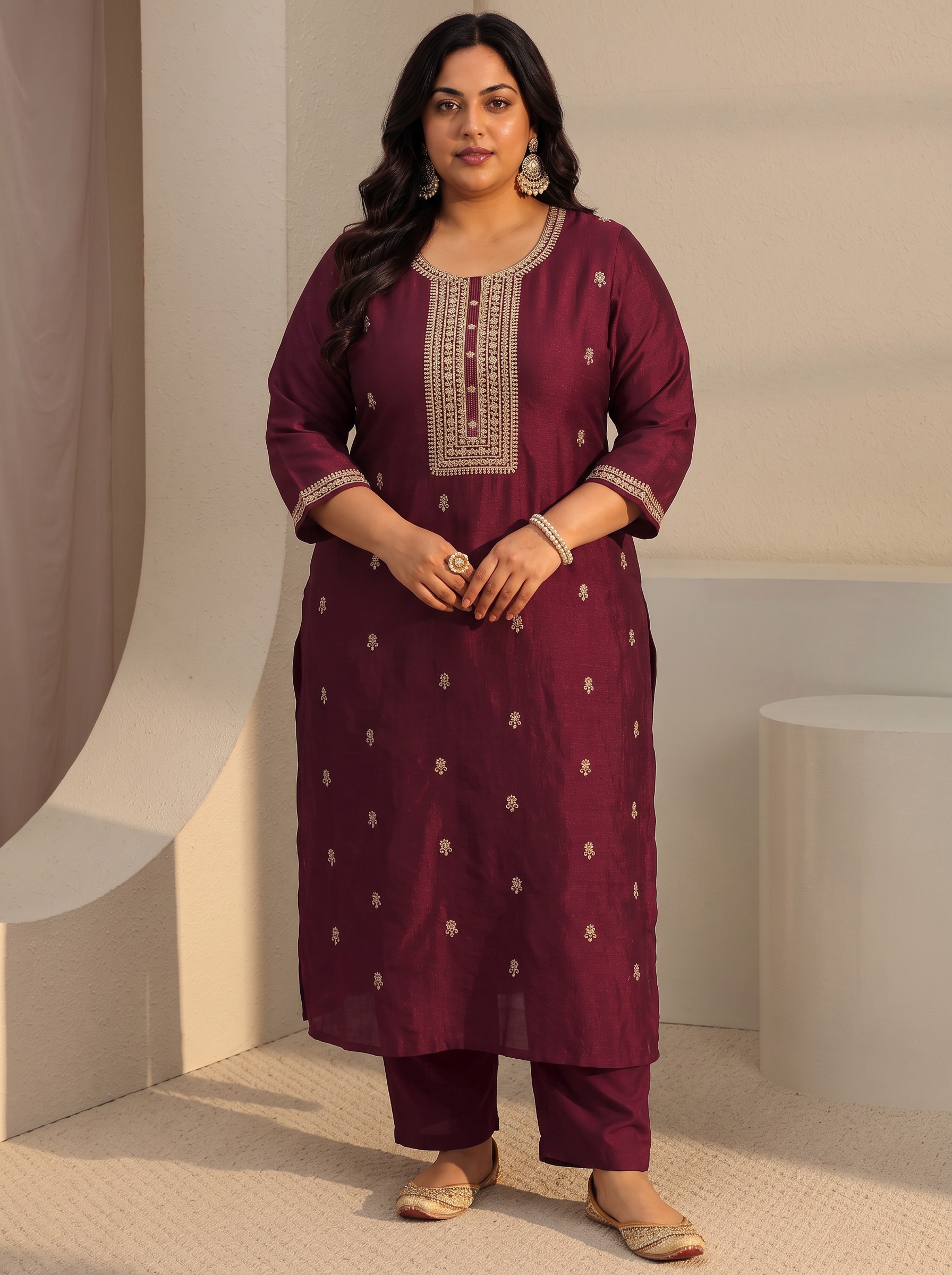 Plus Size Maroon Zari Embroidered Straight Kurta for Women