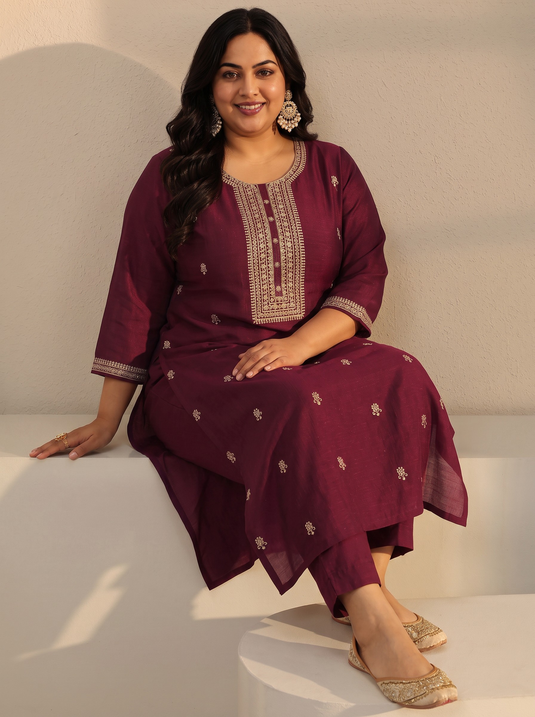 Plus Size Maroon Zari Embroidered Straight Kurta for Women