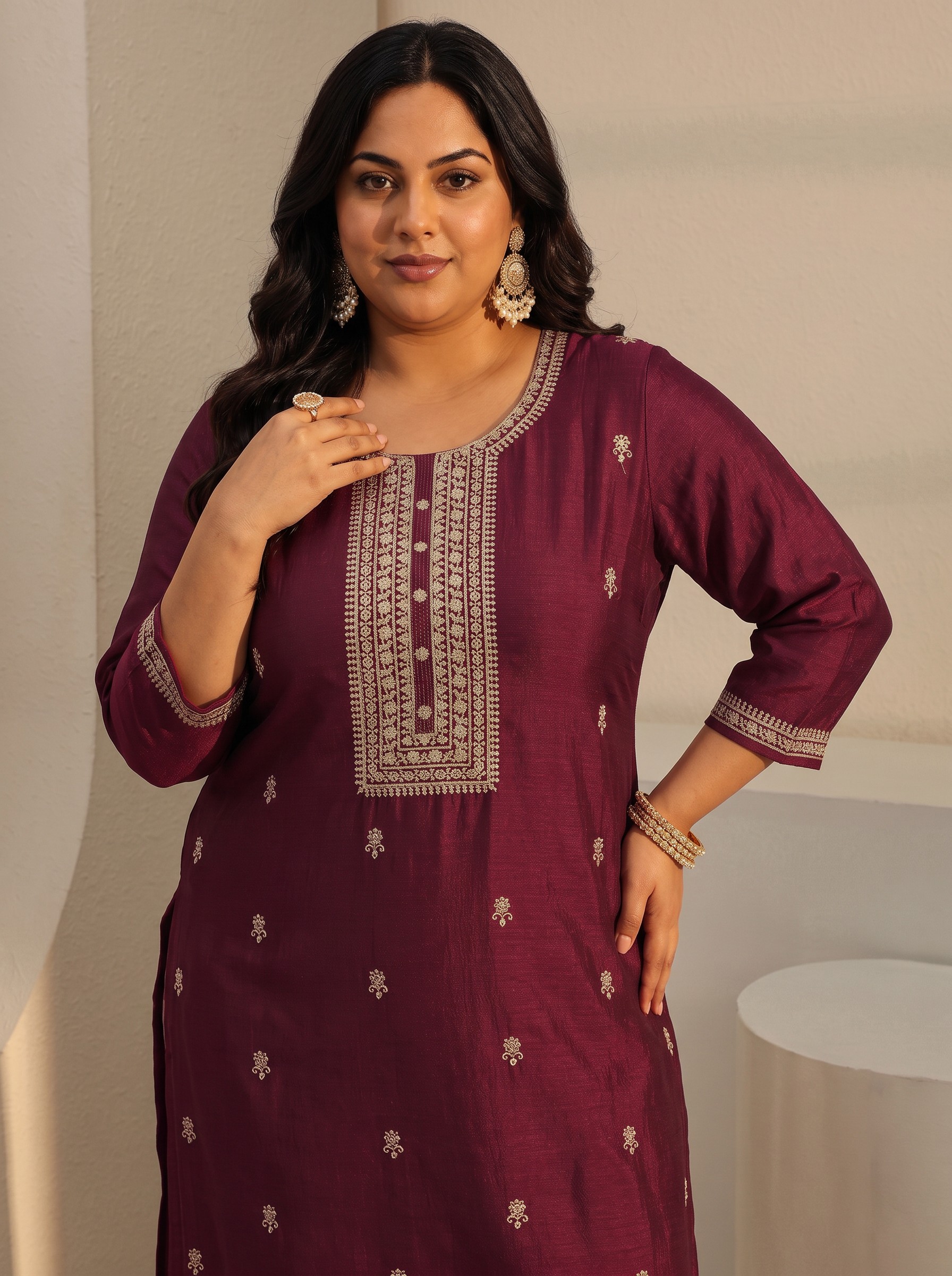 Plus Size Maroon Zari Embroidered Straight Kurta for Women