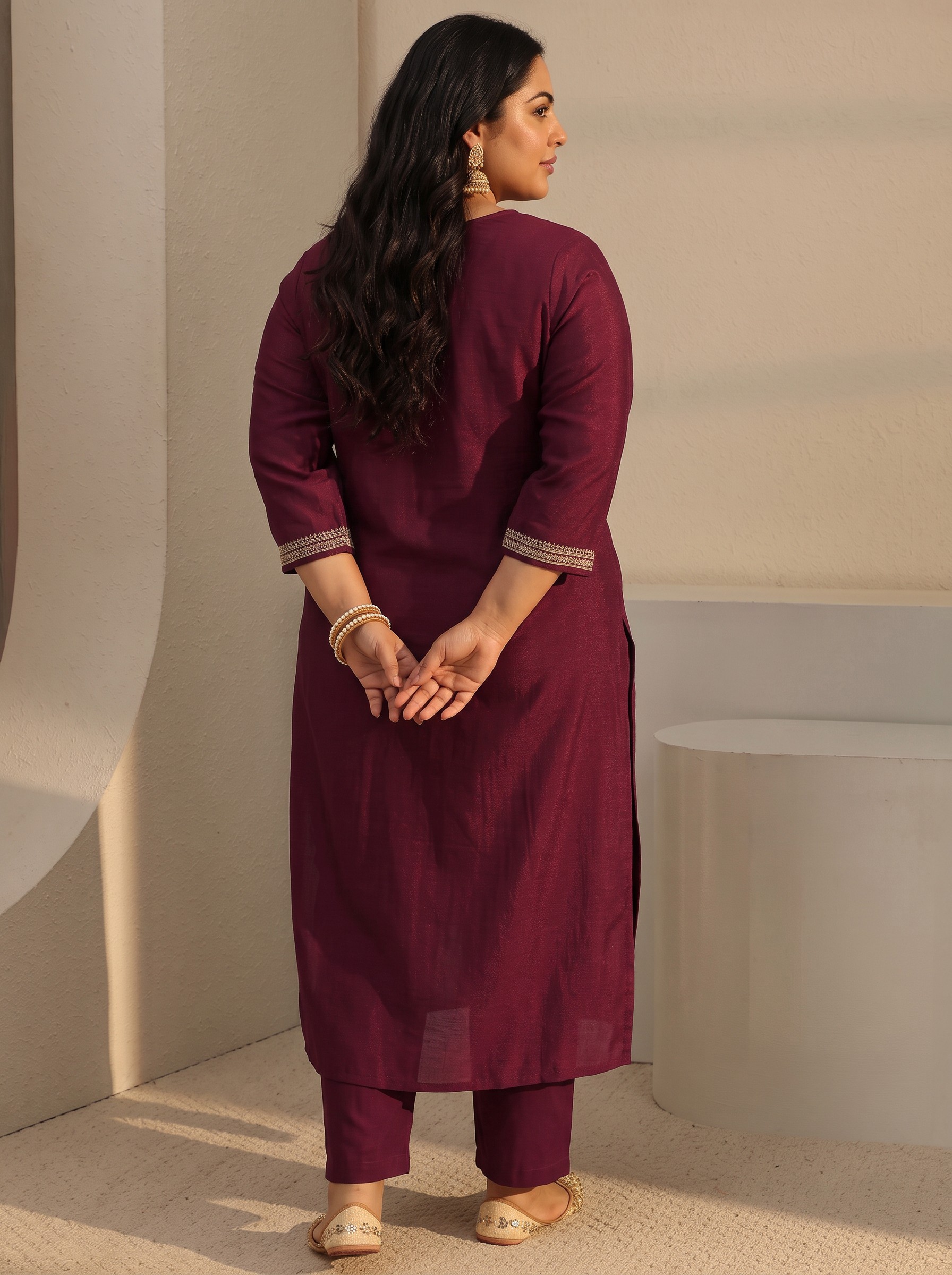 Plus Size Maroon Zari Embroidered Straight Kurta for Women
