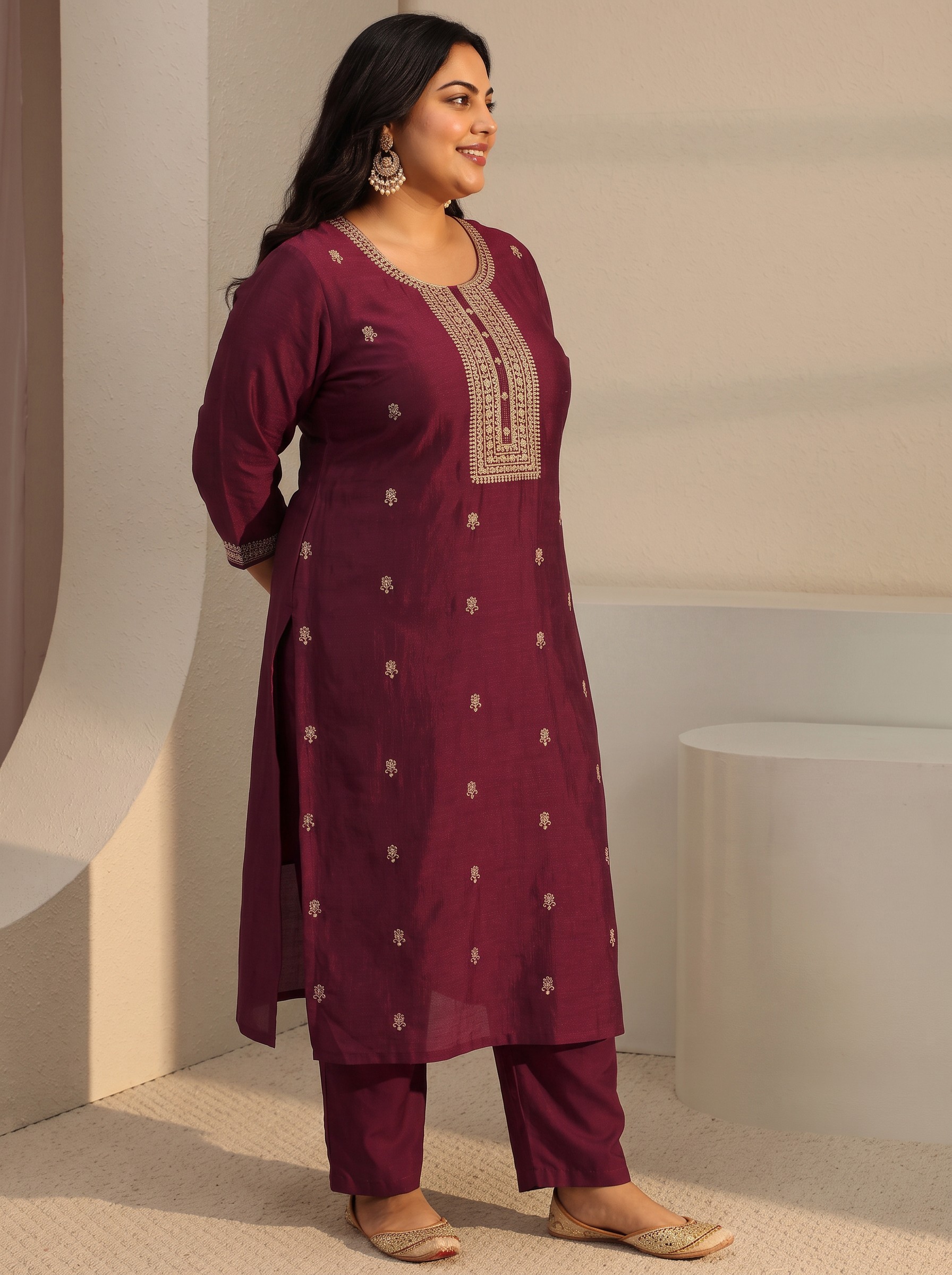 Plus Size Maroon Zari Embroidered Straight Kurta for Women