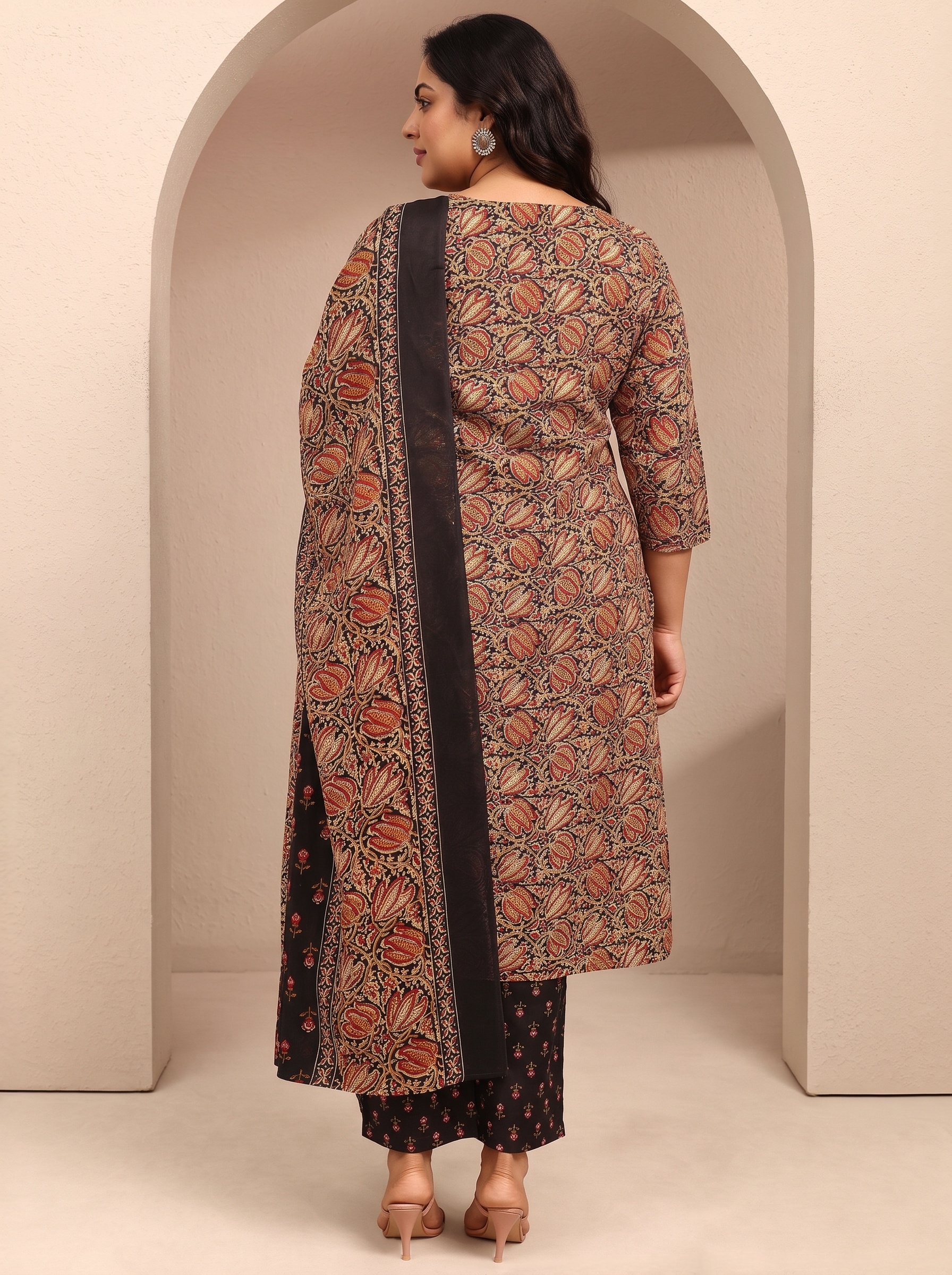 Black Printed Cotton Blend Kurta Set with Dupatta - Plus Size