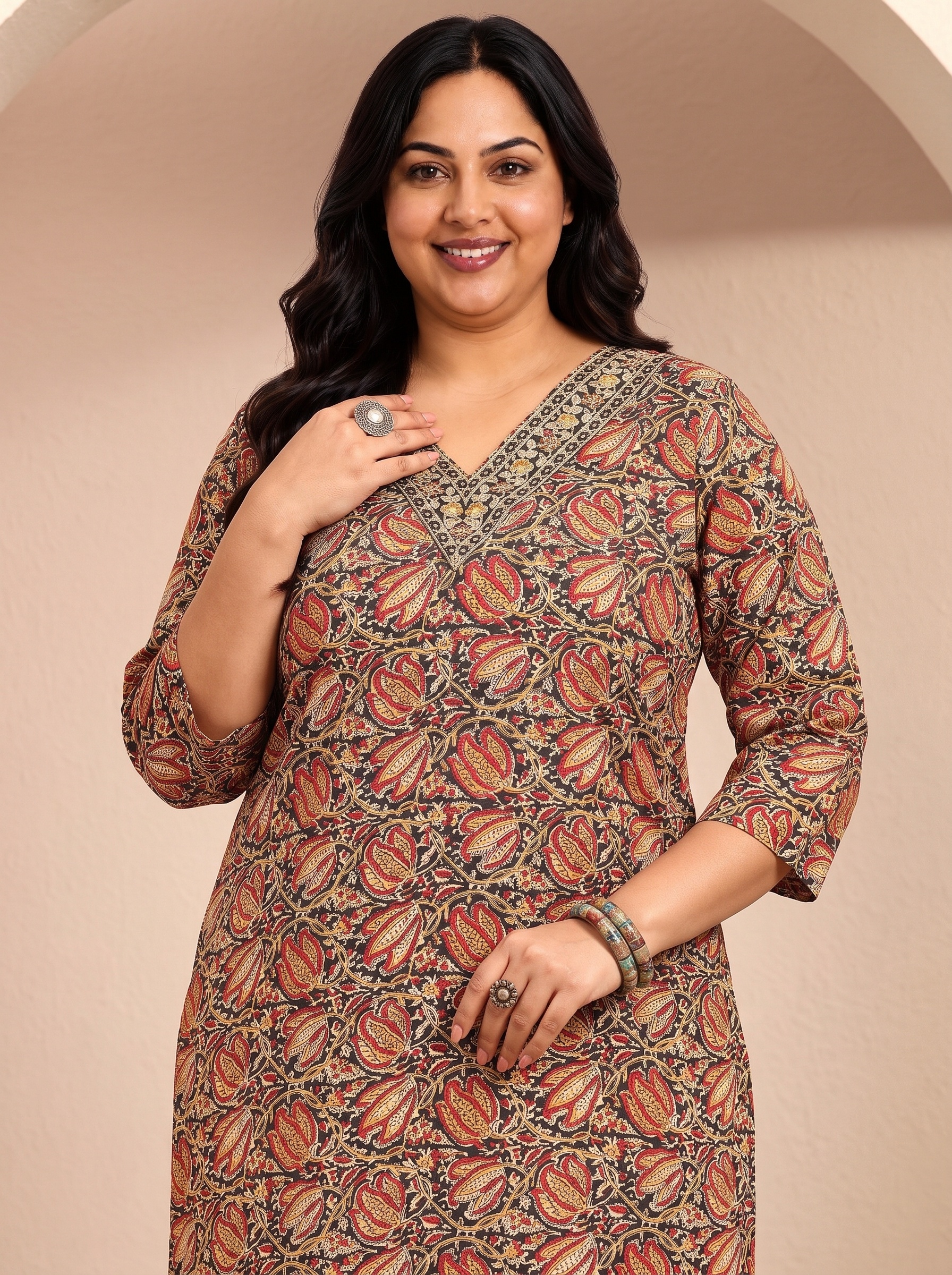 Black Printed Cotton Blend Kurta Set with Dupatta - Plus Size