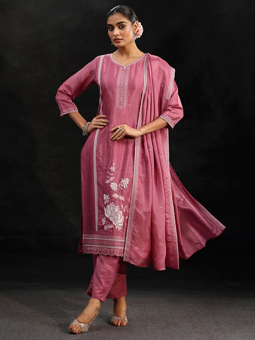Pink Embroidered Kurta Set with Dupatta and Straight Pants