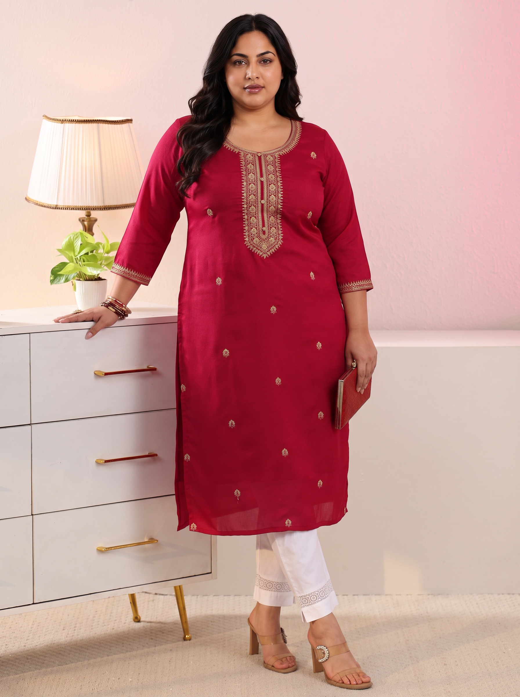 Red Zari Embroidered Straight Kurta