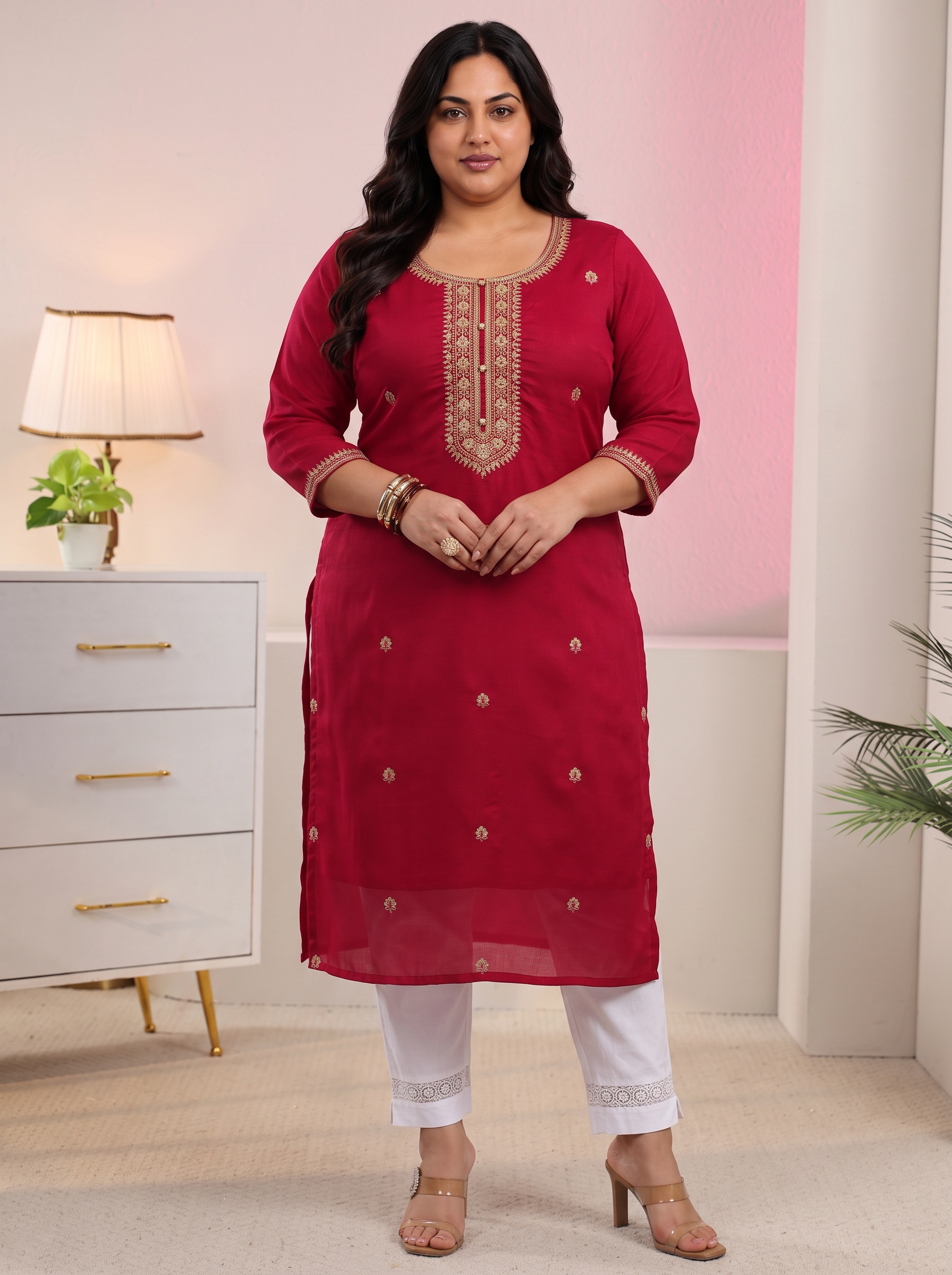 Red Zari Embroidered Straight Kurta