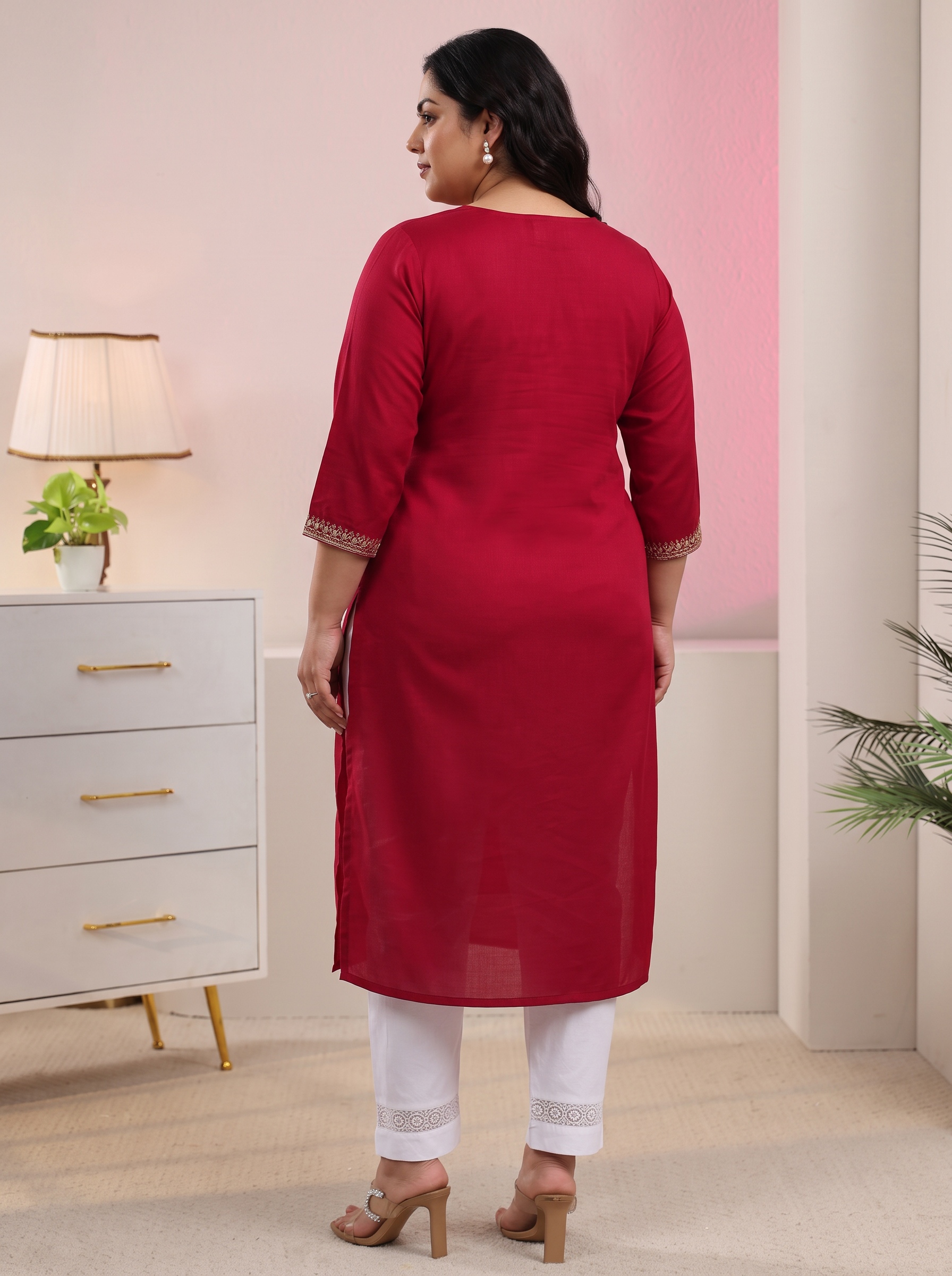 Red Zari Embroidered Straight Kurta