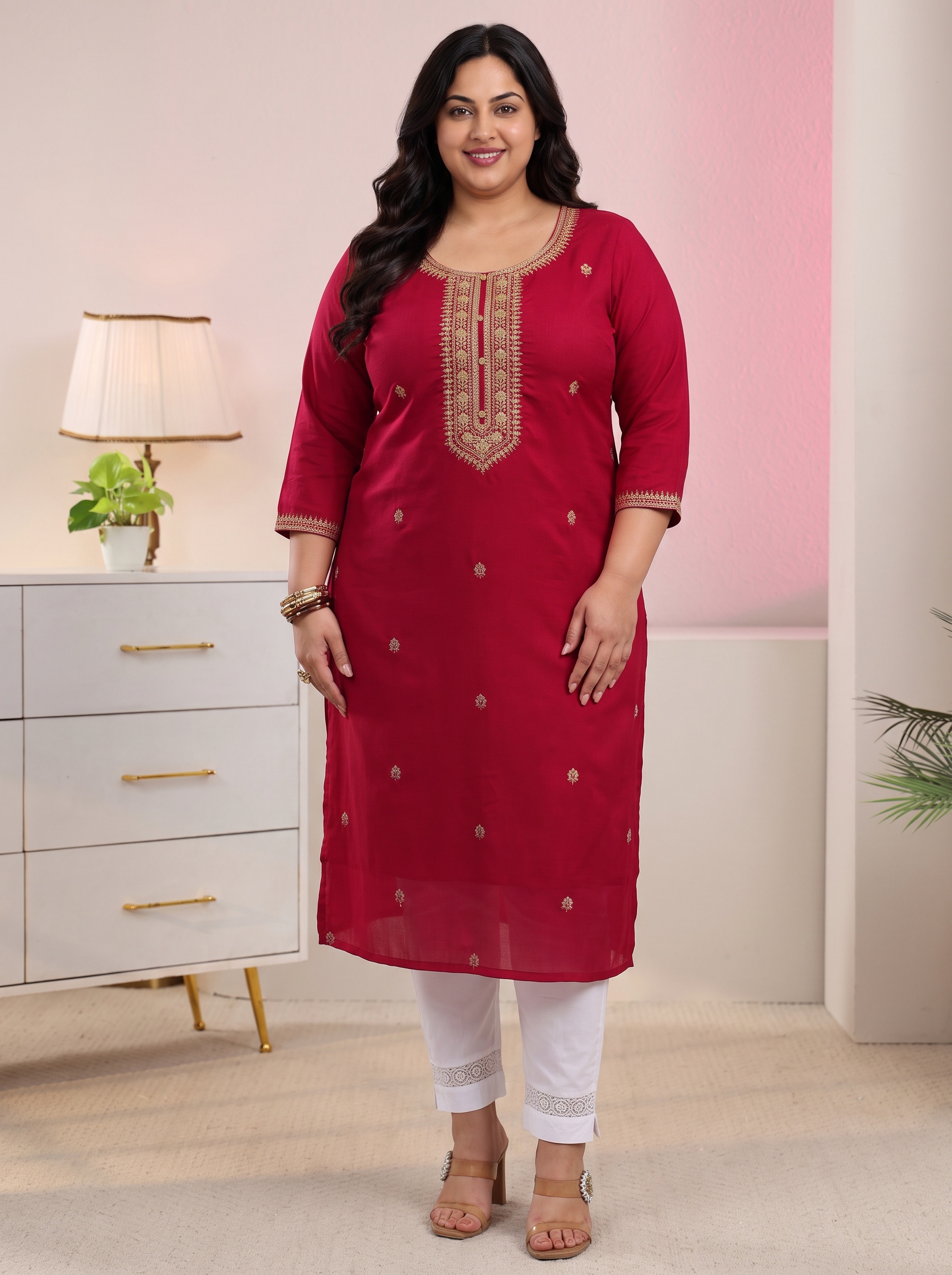 Red Zari Embroidered Straight Kurta