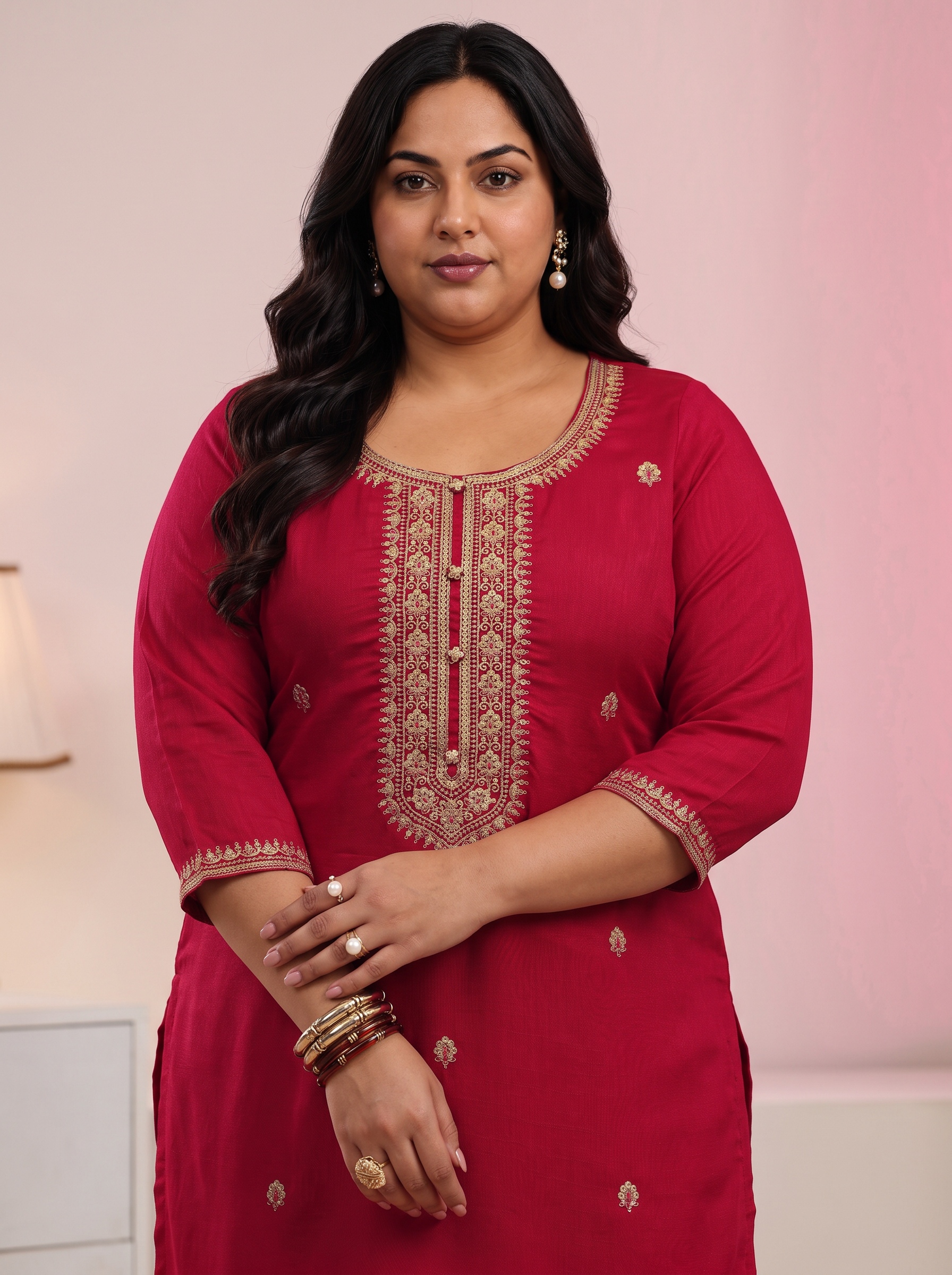 Red Zari Embroidered Straight Kurta