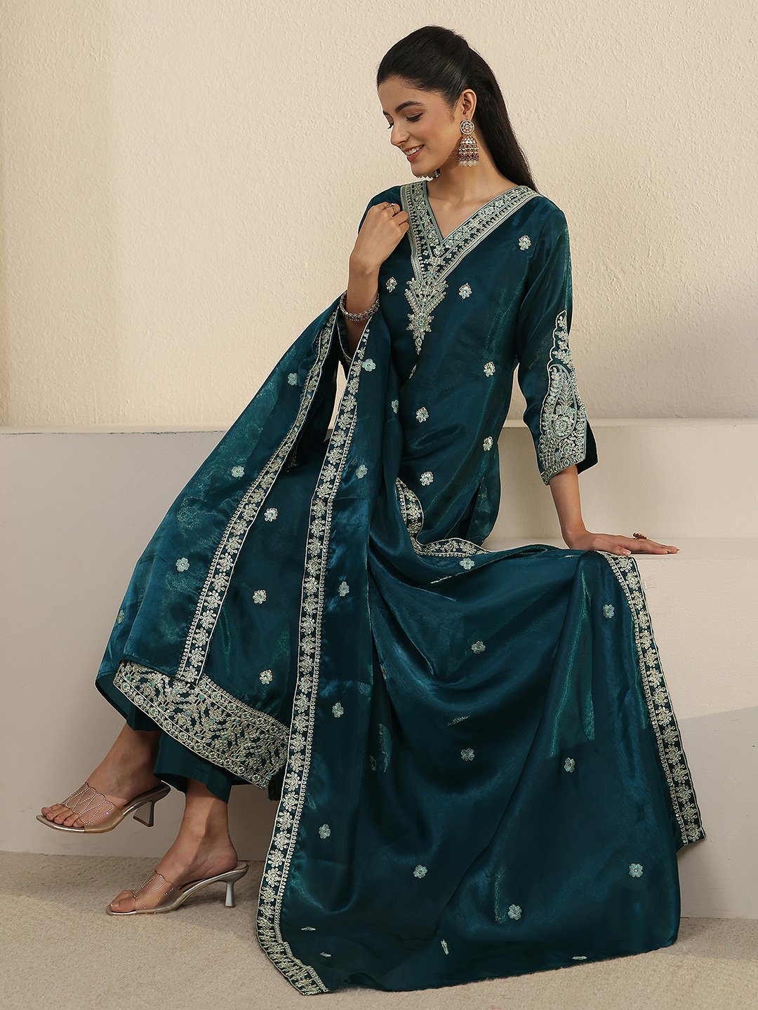 Teal Embroidered V-Neck Kurta Set with Dupatta and Straight Pants