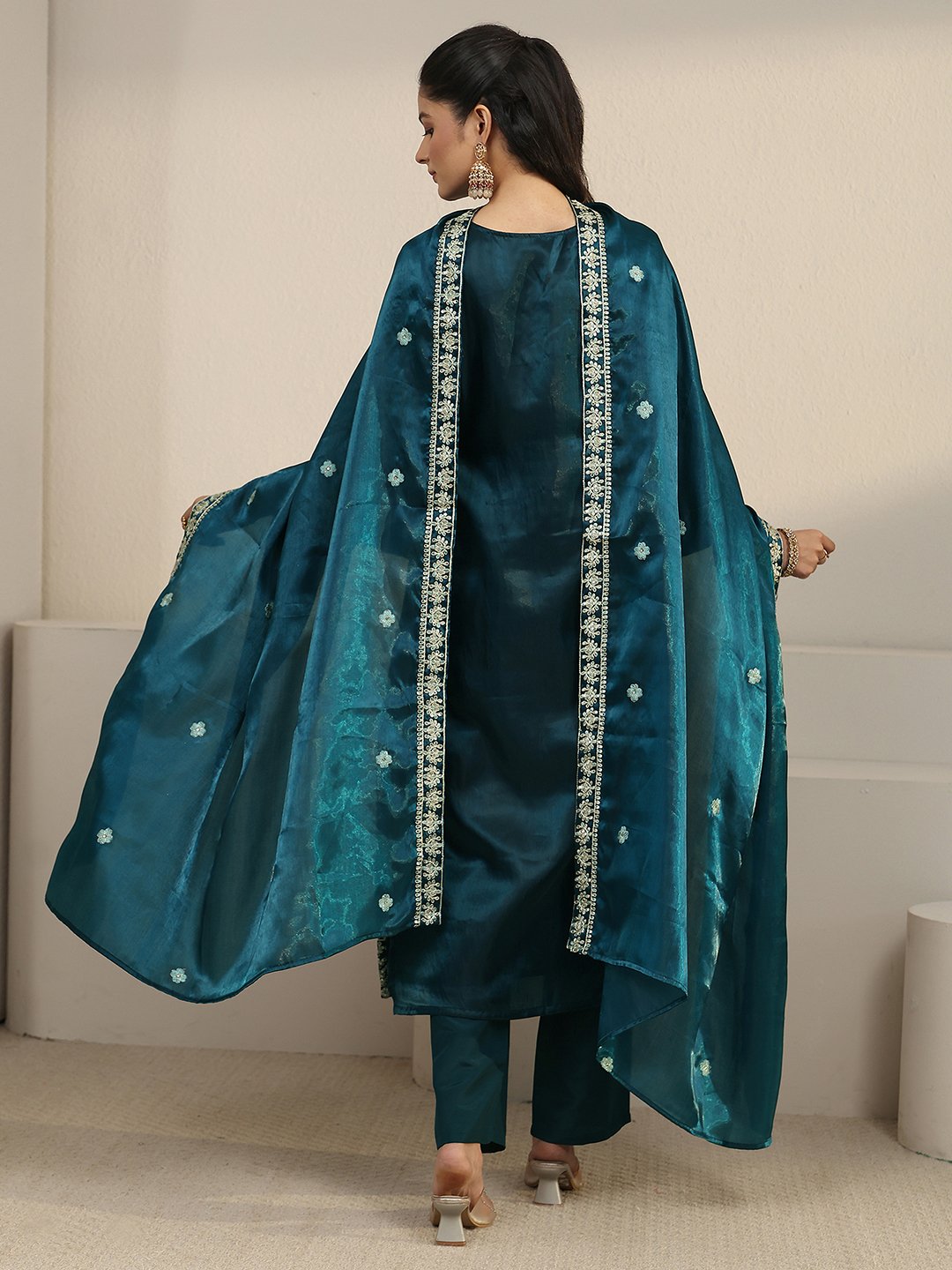 Teal Embroidered V-Neck Kurta Set with Dupatta and Straight Pants