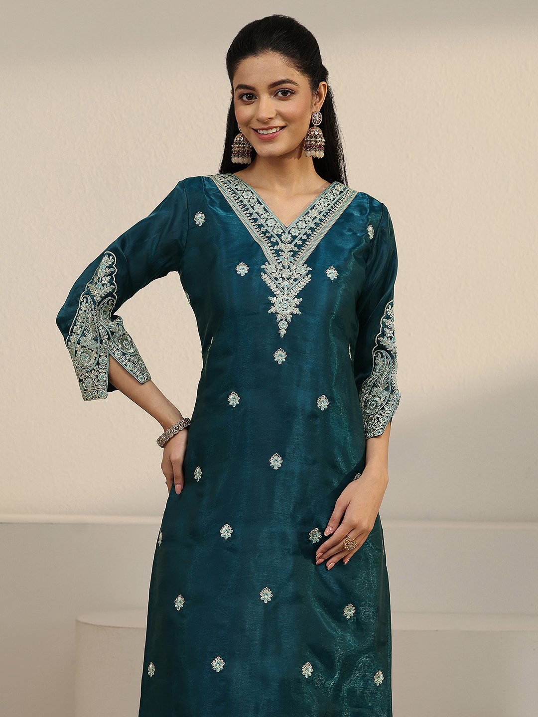 Teal Embroidered V-Neck Kurta Set with Dupatta and Straight Pants