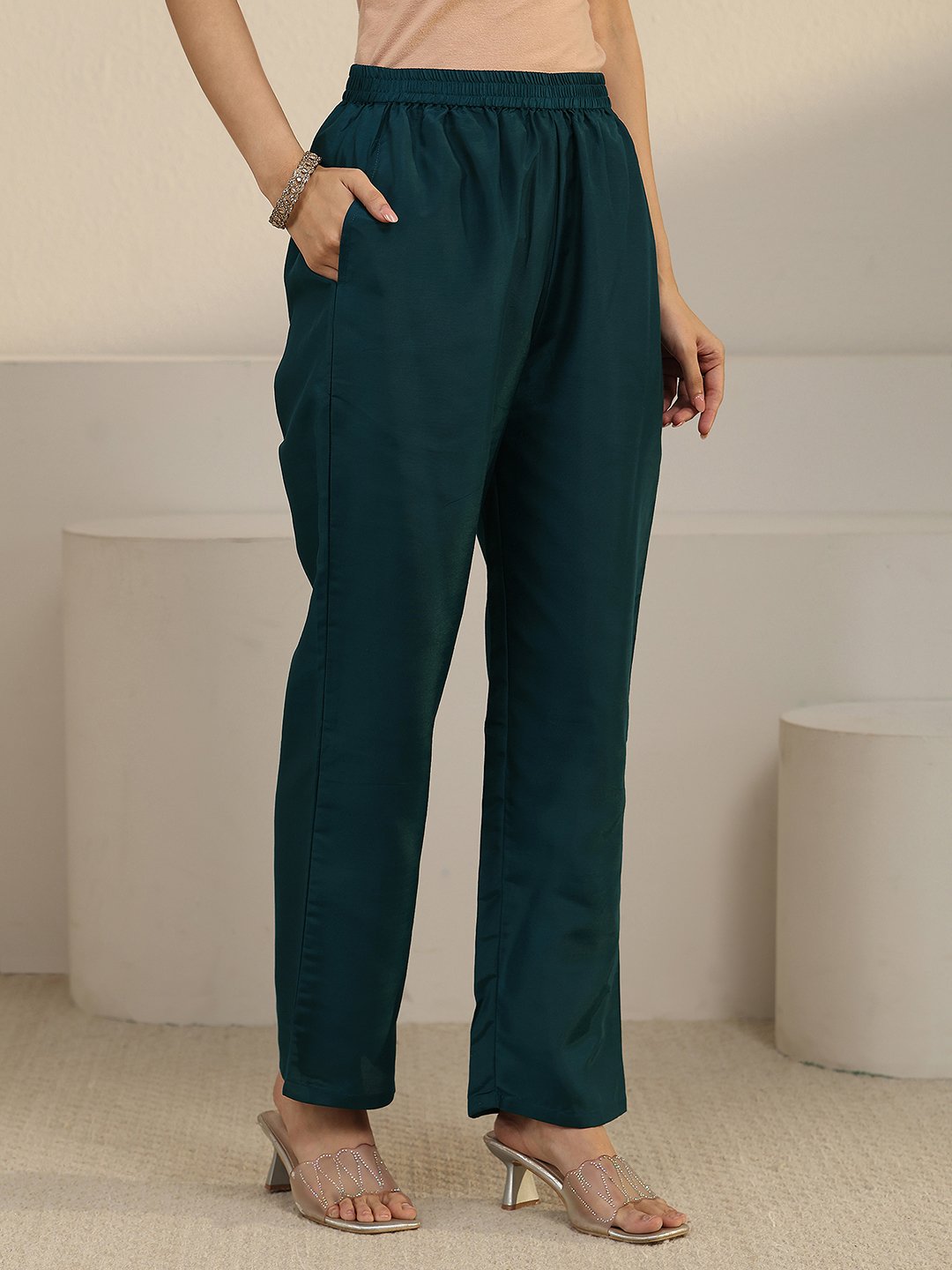 Teal Embroidered V-Neck Kurta Set with Dupatta and Straight Pants