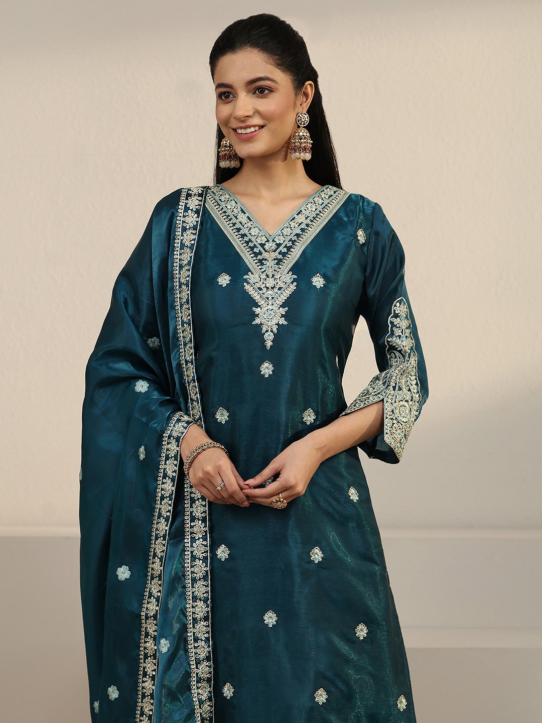 Teal Embroidered V-Neck Kurta Set with Dupatta and Straight Pants