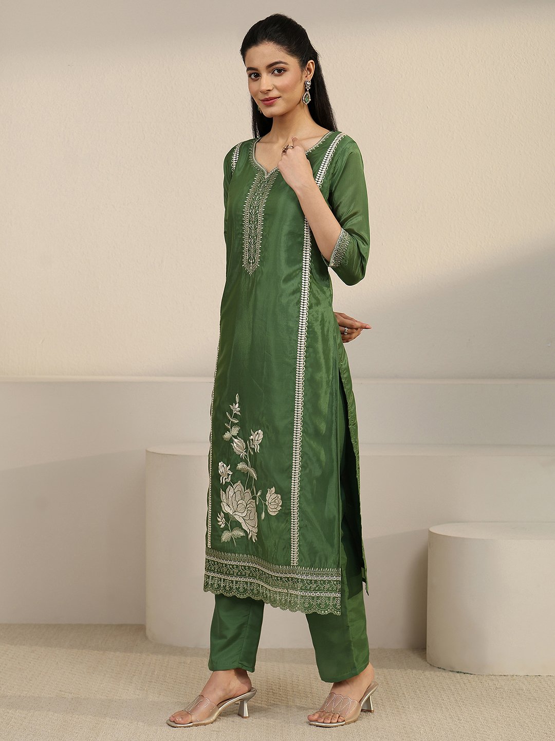Green Embroidered Organza Kurta Set with Dupatta