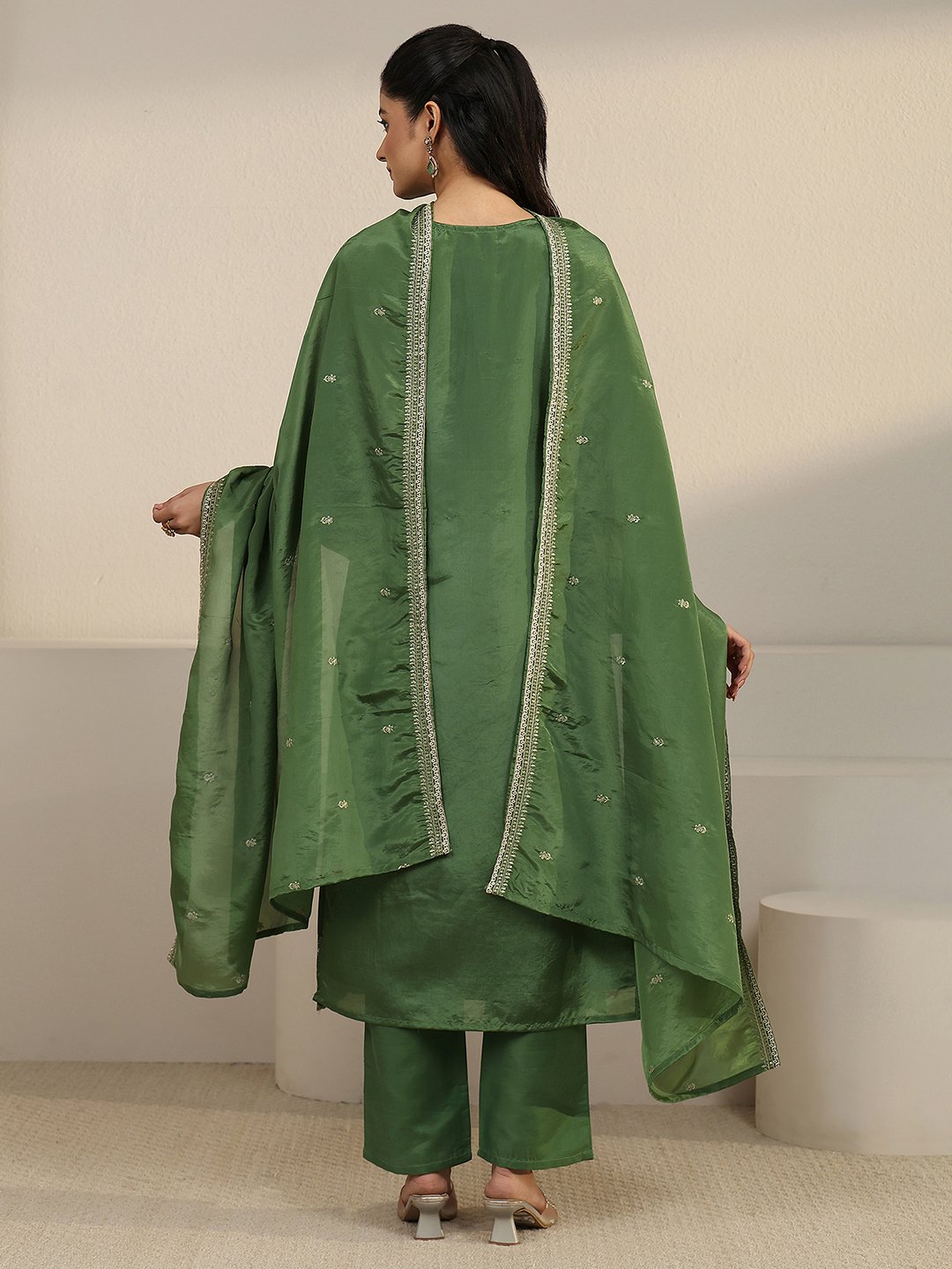 Green Embroidered Organza Kurta Set with Dupatta