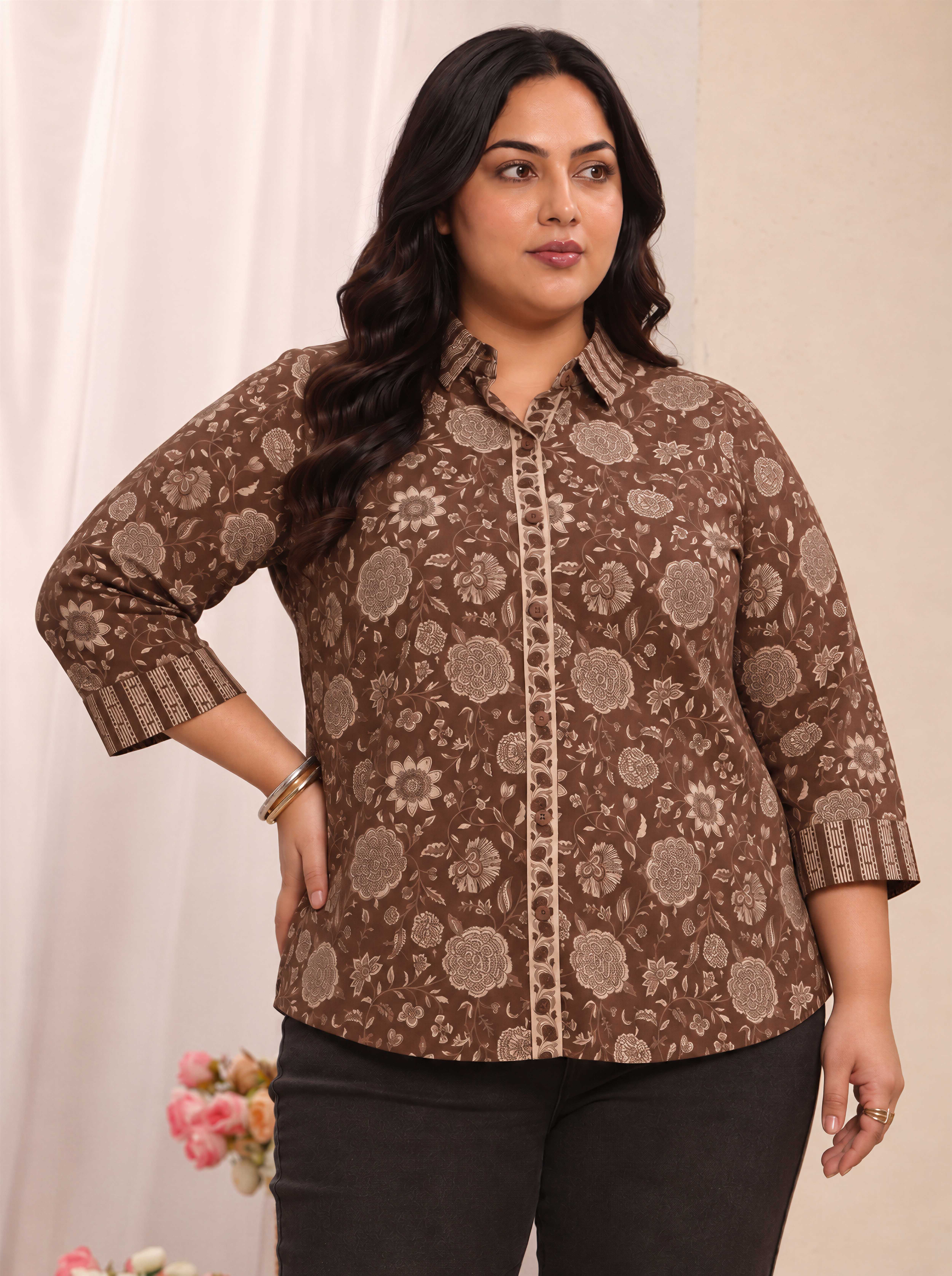 Brown Floral Printed Button-Front Tunic Top