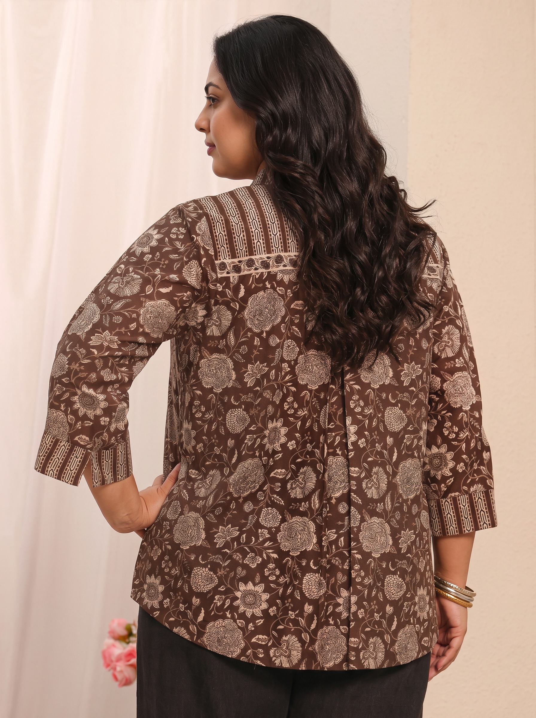 Brown Floral Printed Button-Front Tunic Top