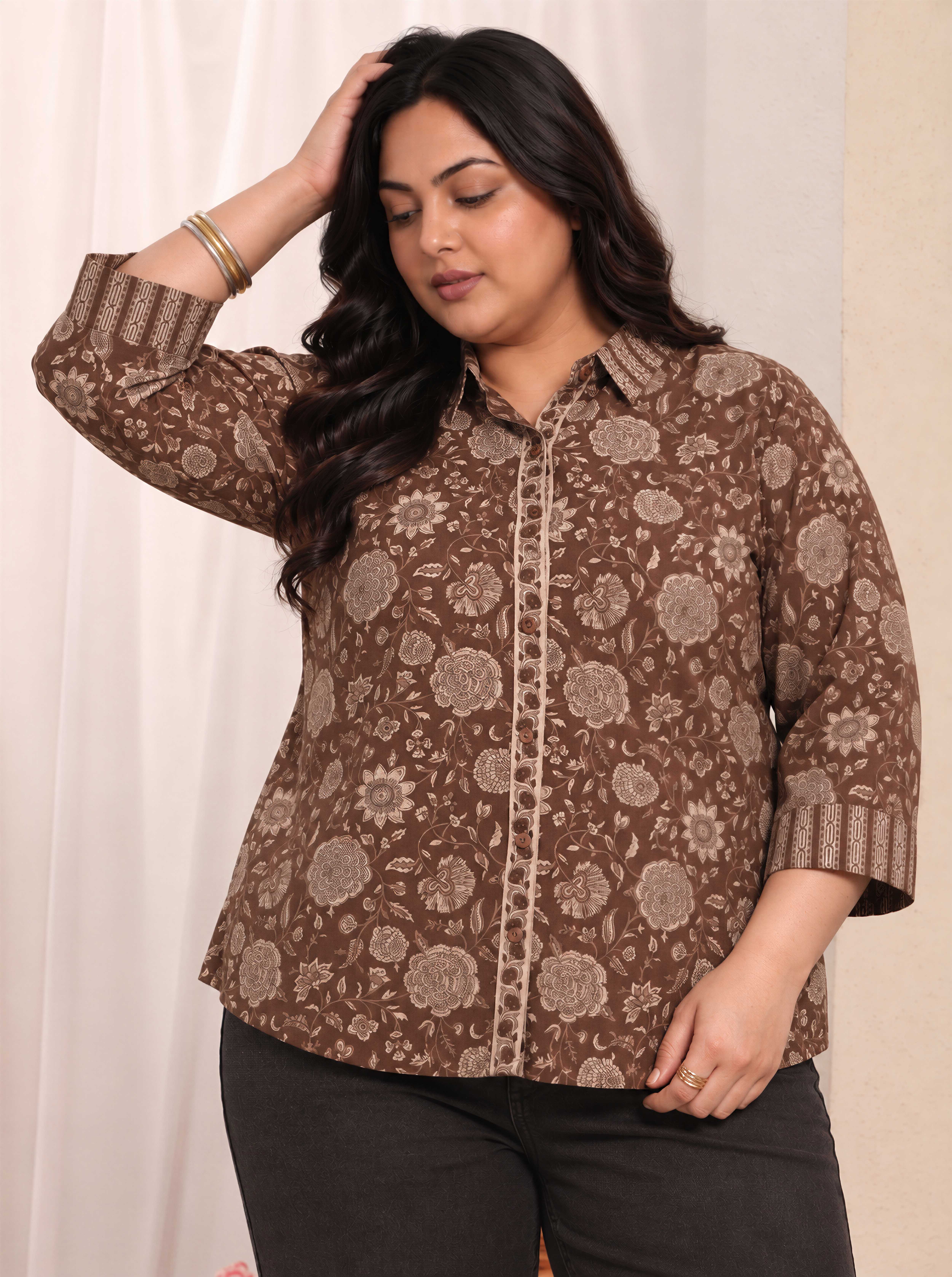 Brown Floral Printed Button-Front Tunic Top
