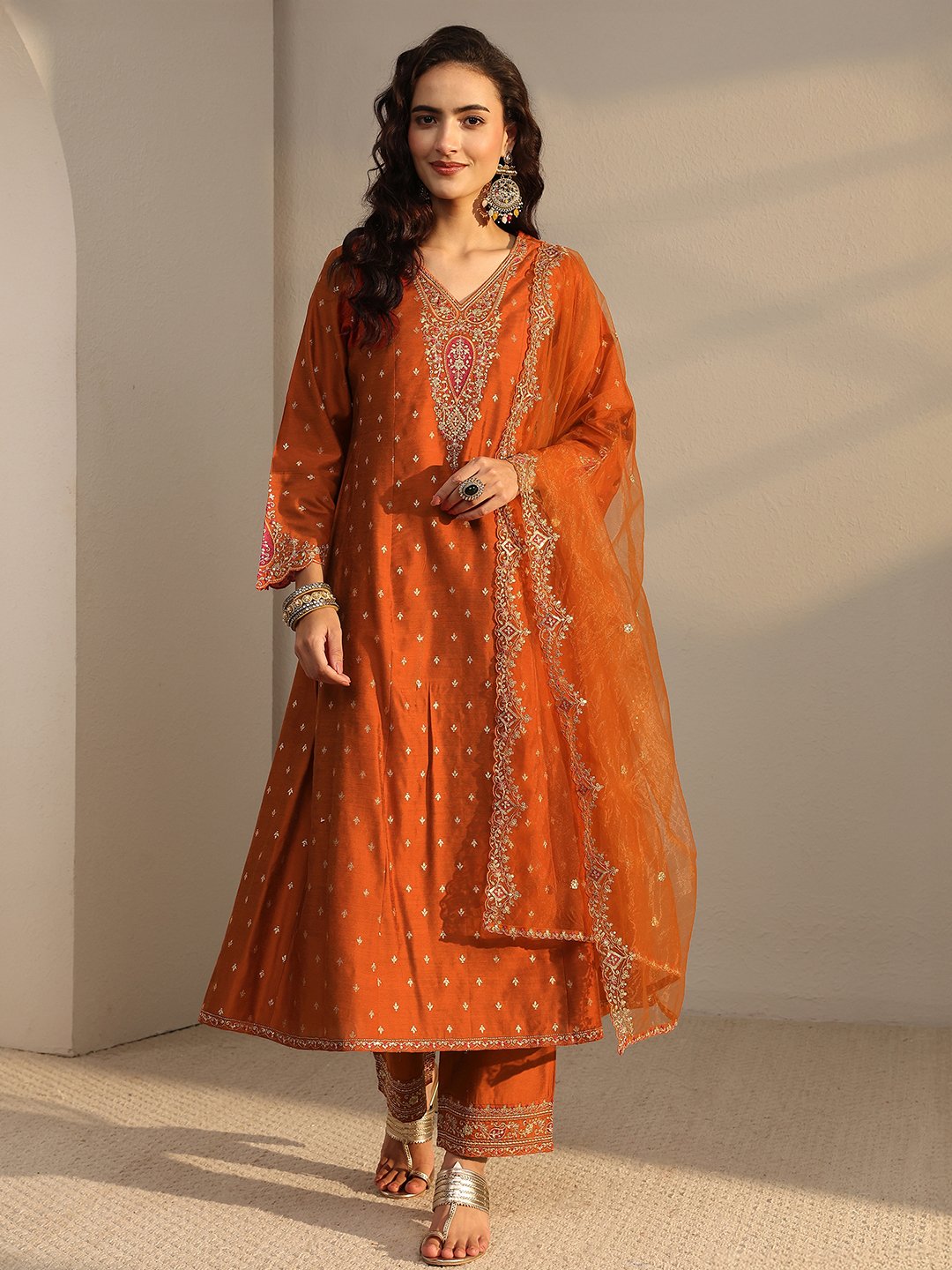 Rust Embroidered A-Line Kurta Set with Dupatta