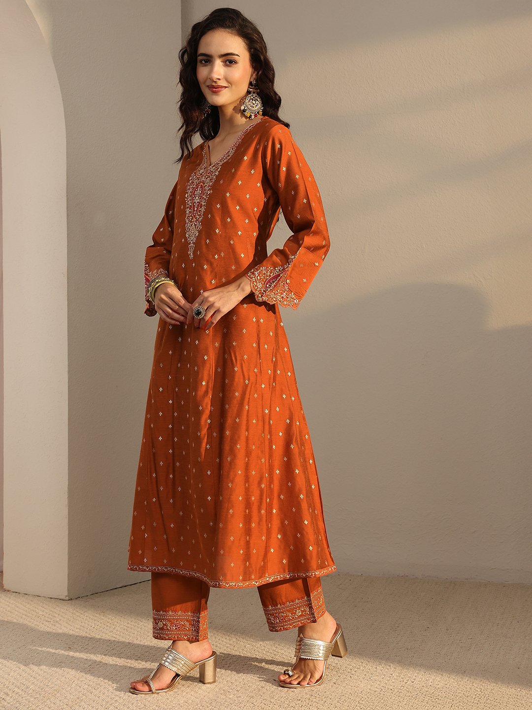 Rust Embroidered A-Line Kurta Set with Dupatta
