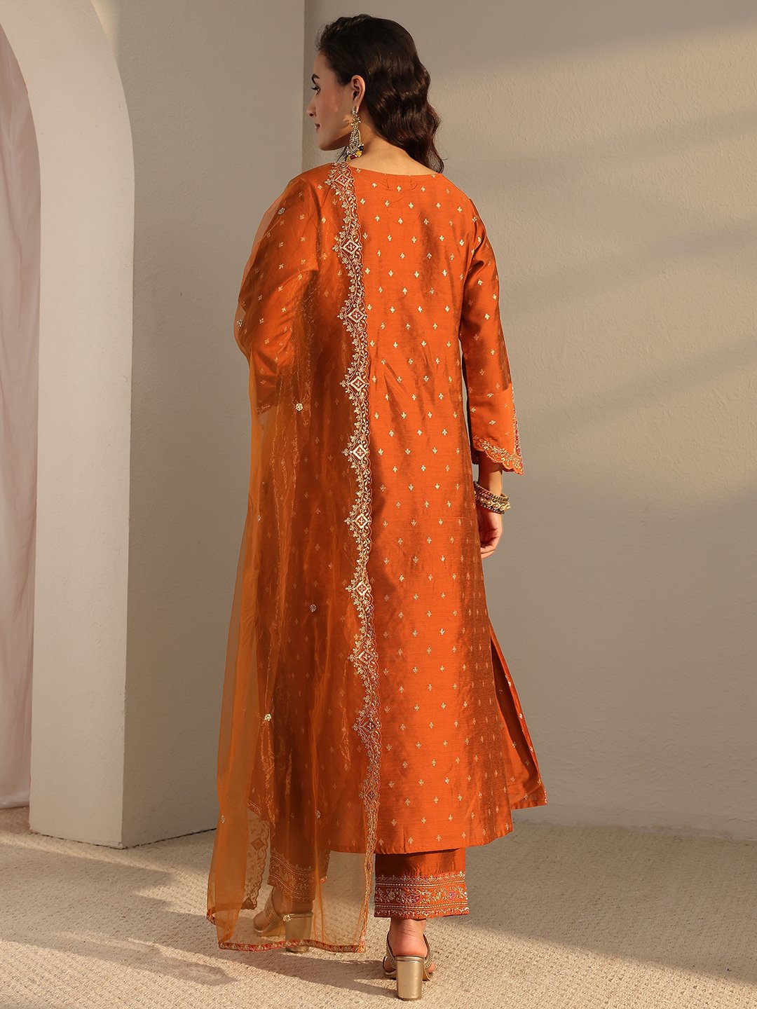 Rust Embroidered A-Line Kurta Set with Dupatta