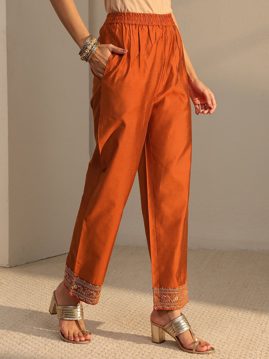 Rust Embroidered A-Line Kurta Set with Dupatta