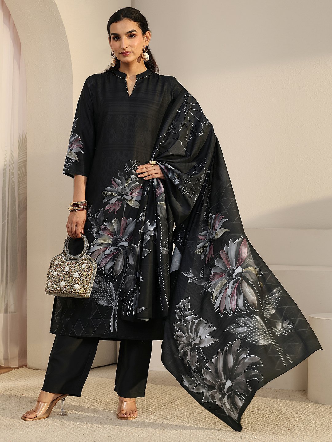 Black Floral Printed Kurta Set with Dupatta