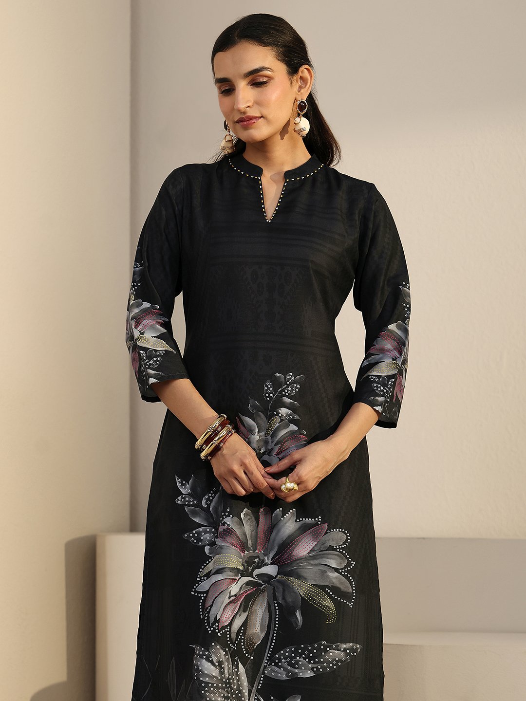 Black Floral Printed Kurta Set with Dupatta