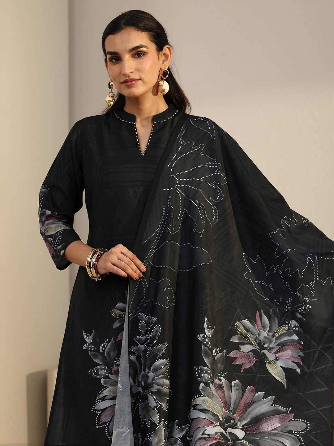 Black Floral Printed Kurta Set with Dupatta