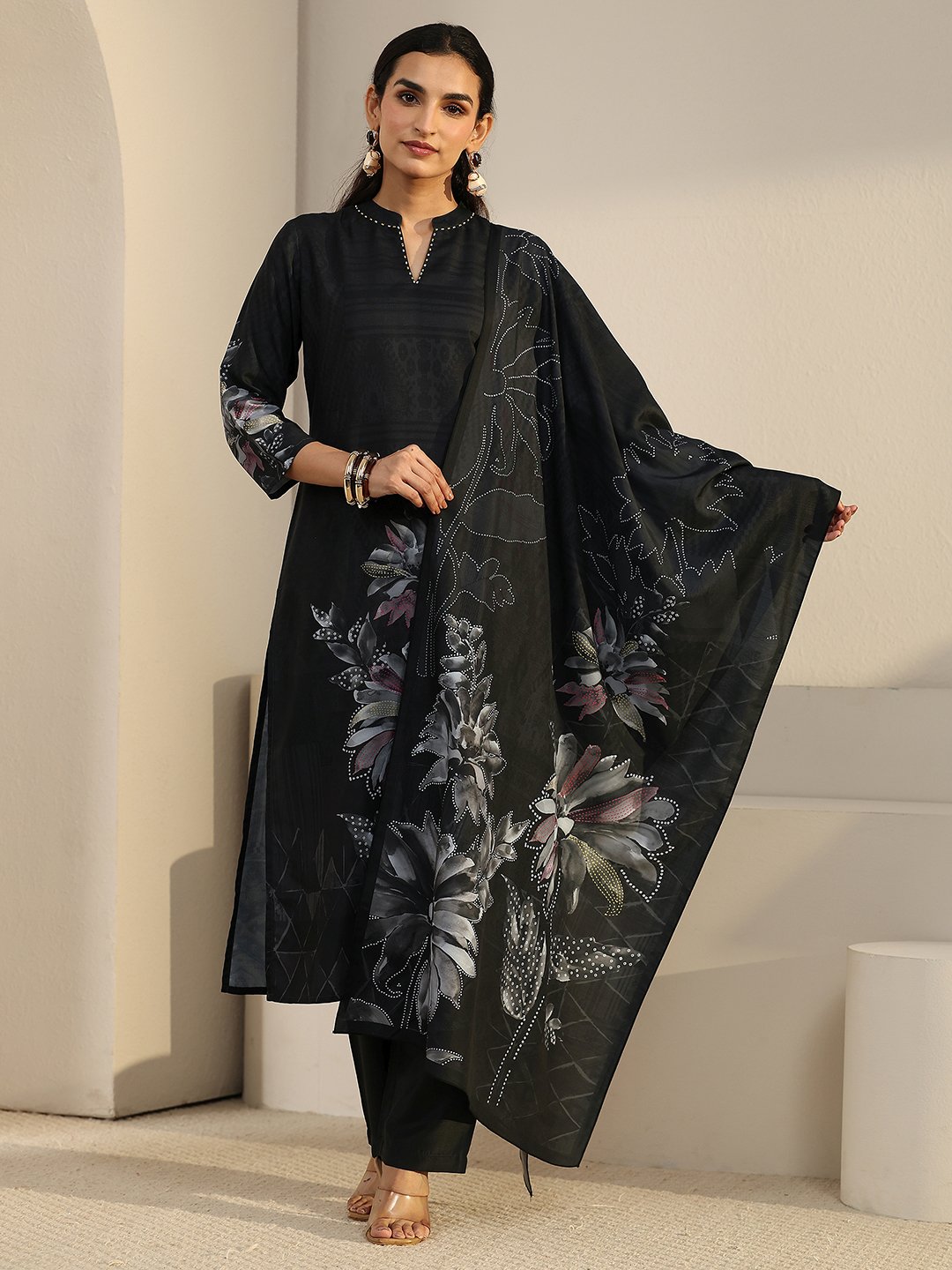 Black Floral Printed Kurta Set with Dupatta