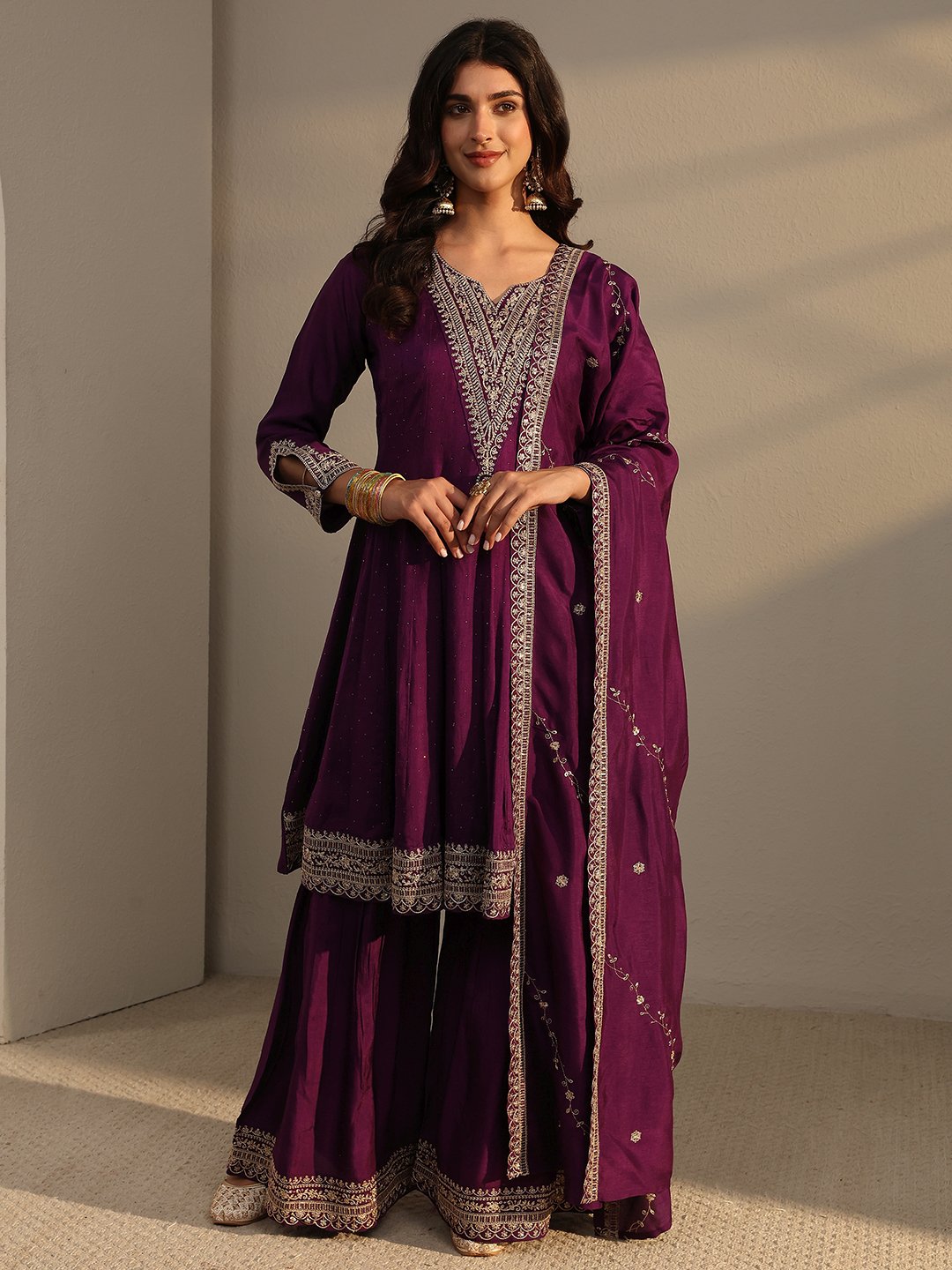 Purple Embellished Flared Anarkali Kurta Set with Dupatta