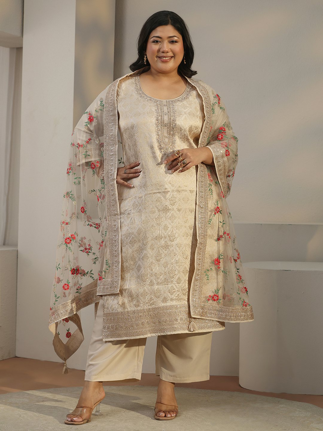 Grey Woven Silk Blend Kurta Set with Dupatta - Plus Size