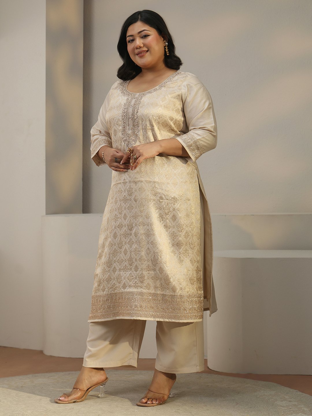 Grey Woven Silk Blend Kurta Set with Dupatta - Plus Size