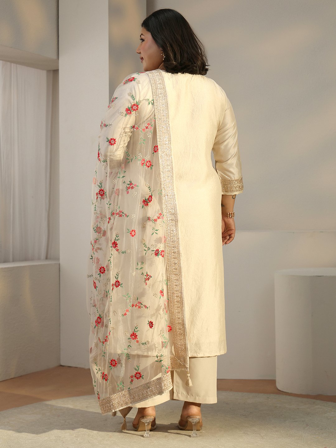 Grey Woven Silk Blend Kurta Set with Dupatta - Plus Size