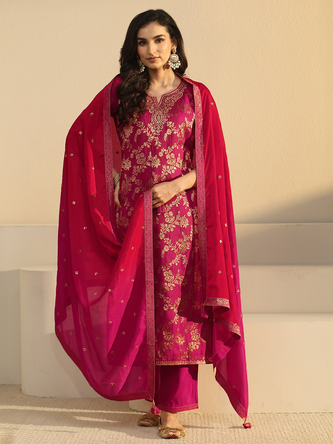 Pink Zari Woven Straight Kurta Pant Dupatta Set